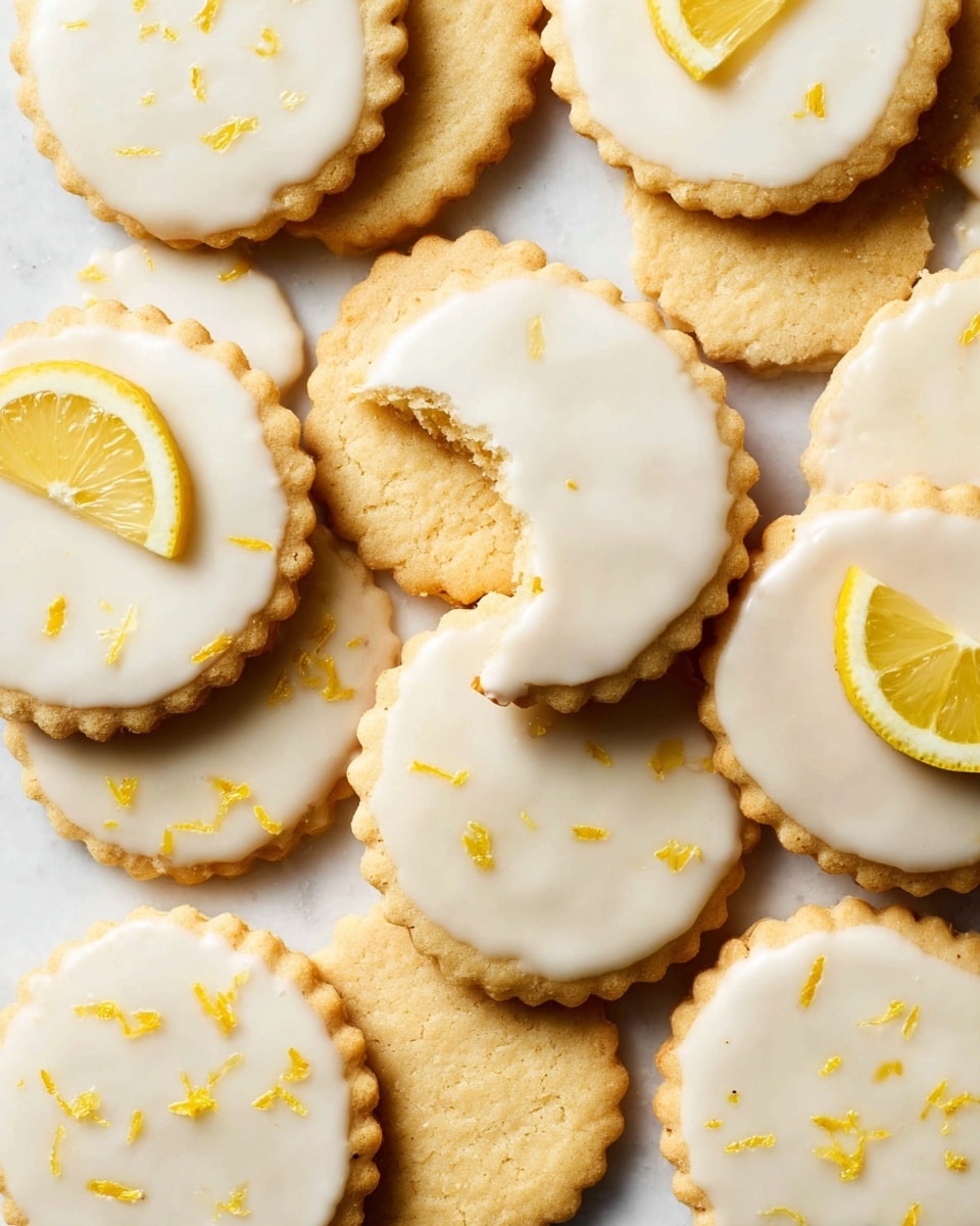 A group of round cookies with scalloped edges scattered closely on a white marbled surface. Each cookie has two layers: a pale golden cookie base and a smooth, white icing on top with small yellow lemon zest pieces spread across. One cookie is bitten, showing the cookie layer inside. In the middle, a cookie without icing displays a small lemon wedge on top, adding a fresh, bright yellow contrast. The cookie texture looks crumbly and soft, and the white icing is glossy and smooth with tiny lemon zest flakes visible. photo taken with an iphone --ar 4:5 --v 7