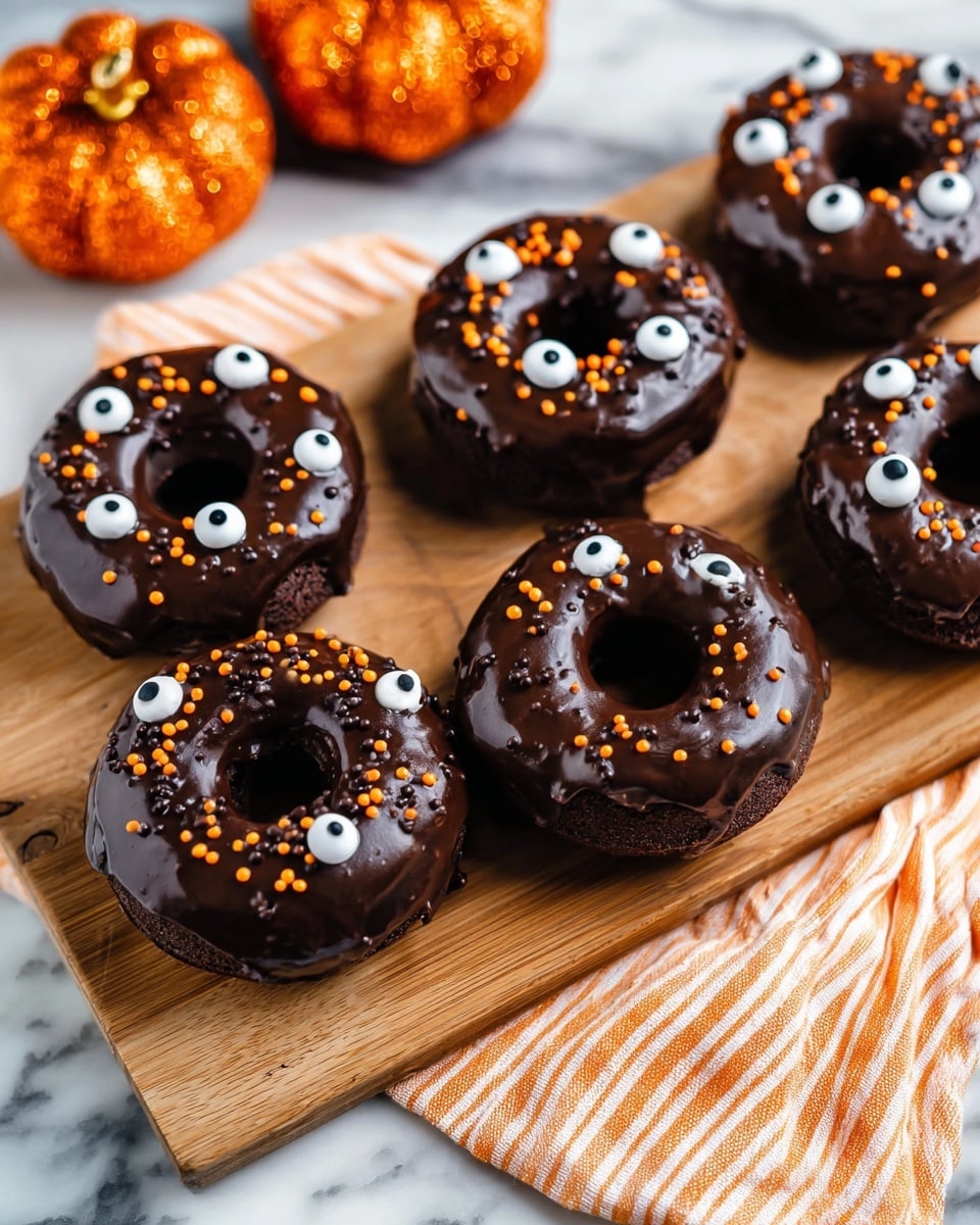 Six chocolate donuts sit on a wooden board placed on a white marbled surface with an orange and white striped cloth underneath. Each donut has one thick, glossy layer of dark chocolate glaze covering the top, dripping slightly down the edges. On the glaze are small orange and black round sprinkles scattered unevenly. Each donut is decorated with several white candy eyes with black pupils placed on top of the glaze. There are two orange sparkly pumpkin decorations in the background. Photo taken with an iphone --ar 4:5 --v 7