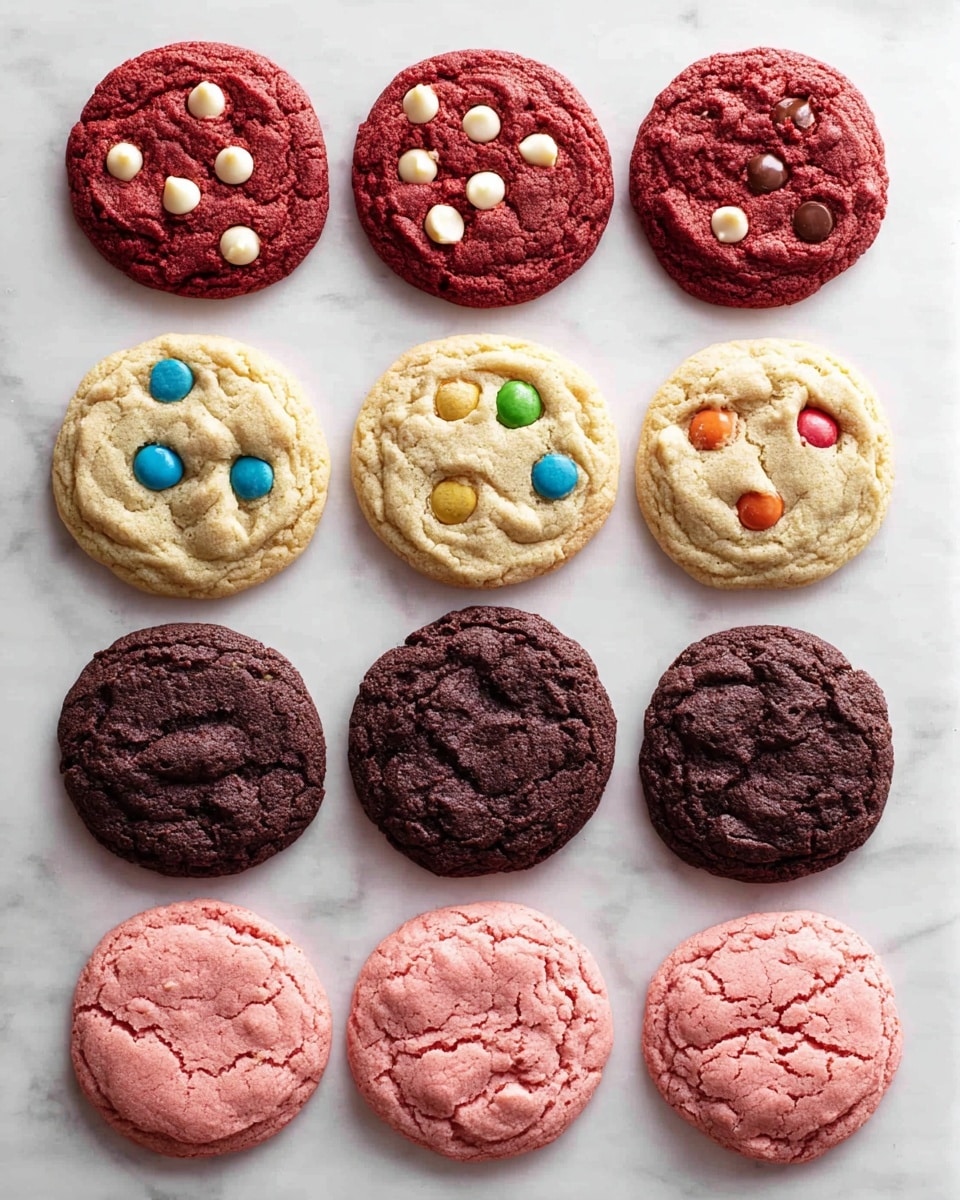 Twelve cookies are arranged in four rows and three columns on a surface with a white marbled texture. The first row shows three red velvet cookies with white chocolate chips scattered on top, each with a slightly rough surface texture. The second row has three light-colored cookies with colorful candy pieces embedded—blue, red, green, orange, and brown—adding bright spots. The third row contains three dark brown chocolate cookies with a cracked, soft texture. The last row displays three pink cookies with a cracked but smooth surface. Each cookie is round and evenly sized, spaced carefully in neat rows. photo taken with an iphone --ar 4:5 --v 7