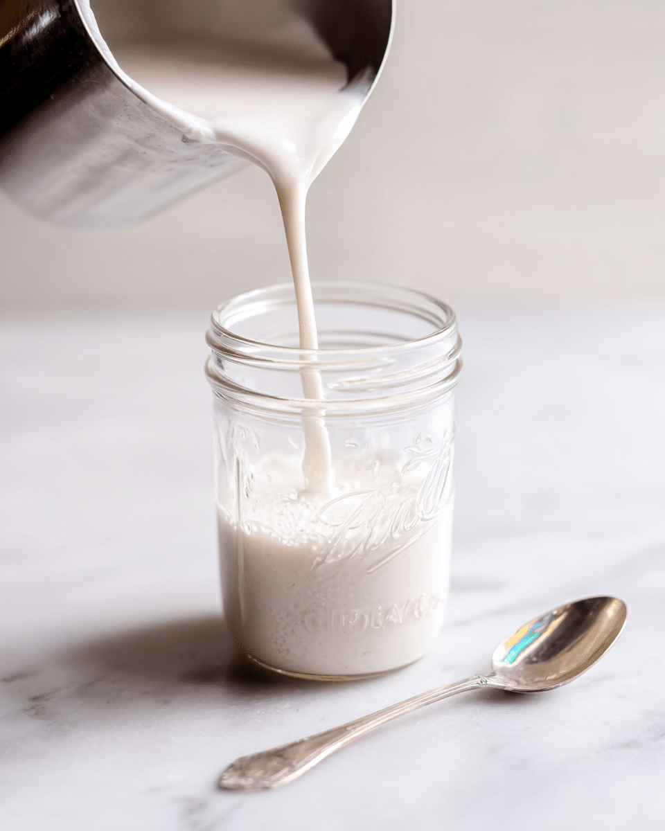 A clear glass jar filled almost to the top with thick, smooth white cream sits on a white marbled surface. A silver spoon dipped into the jar holds some of the creamy white substance, with a small drip falling back into the jar. The jar’s glass shows subtle embossed details, and a few drops of the cream have spilled slightly down the side. photo taken with an iphone --ar 4:5 --v 7