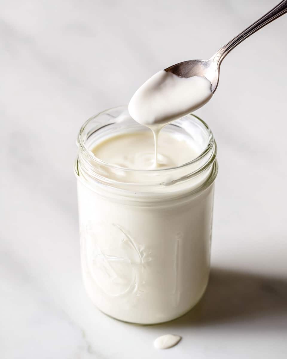 A clear glass jar is placed on a white marbled surface, with a white creamy liquid being poured into it from a stainless steel container above, creating a smooth stream. The jar has an embossed design visible on its side. Next to the jar on the right side, there is a vintage silver spoon lying flat on the surface, catching some light reflections that give it a slight rainbow shine. The background is softly blurred with the white marbled texture, making the pouring action the main focus of the image. photo taken with an iphone --ar 4:5 --v 7