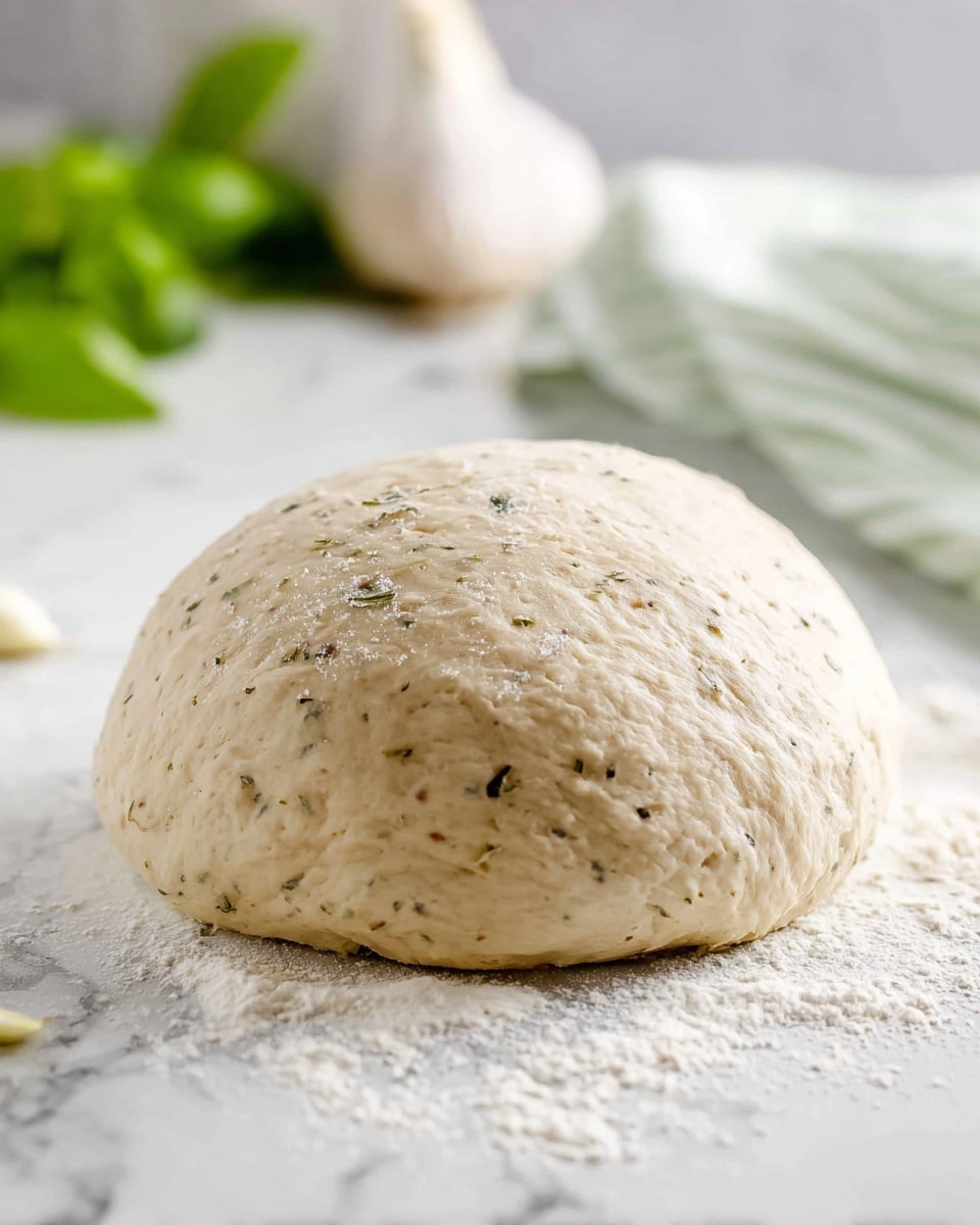 Two soft dough balls with small black herb bits are placed on a floured white marbled surface. The dough balls have a smooth texture with visible specks of herbs, with one ball closer to the front and larger in size, while the other one is smaller and further back. In the background, there is a blurred garlic bulb and some green basil leaves resting on the same surface, adding a touch of fresh color. The overall scene is bright with a calm kitchen setting. photo taken with an iphone --ar 4:5 --v 7