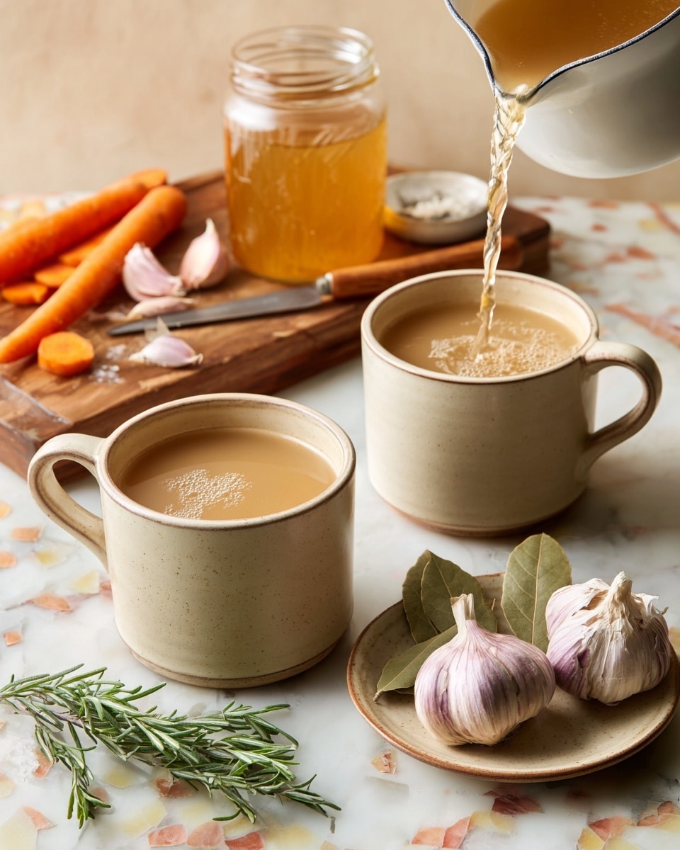The image shows two beige cups filled with light brown broth, one cup being poured from a white pot with a silver rim, creating a gentle splash. Behind the cups, there is a large glass jar filled with honey-colored liquid, placed on a wooden cutting board. On the board, sliced orange carrots and a small knife with a wooden handle sit next to a small dish holding fresh green rosemary sprigs. To the right, a round beige plate holds two garlic bulbs with purple streaks. In the foreground, a smaller beige plate contains three dried bay leaves. All items are arranged on a white marbled surface with small multicolored stone patterns, and the background is a warm beige tone. photo taken with an iphone --ar 4:5 --v 7