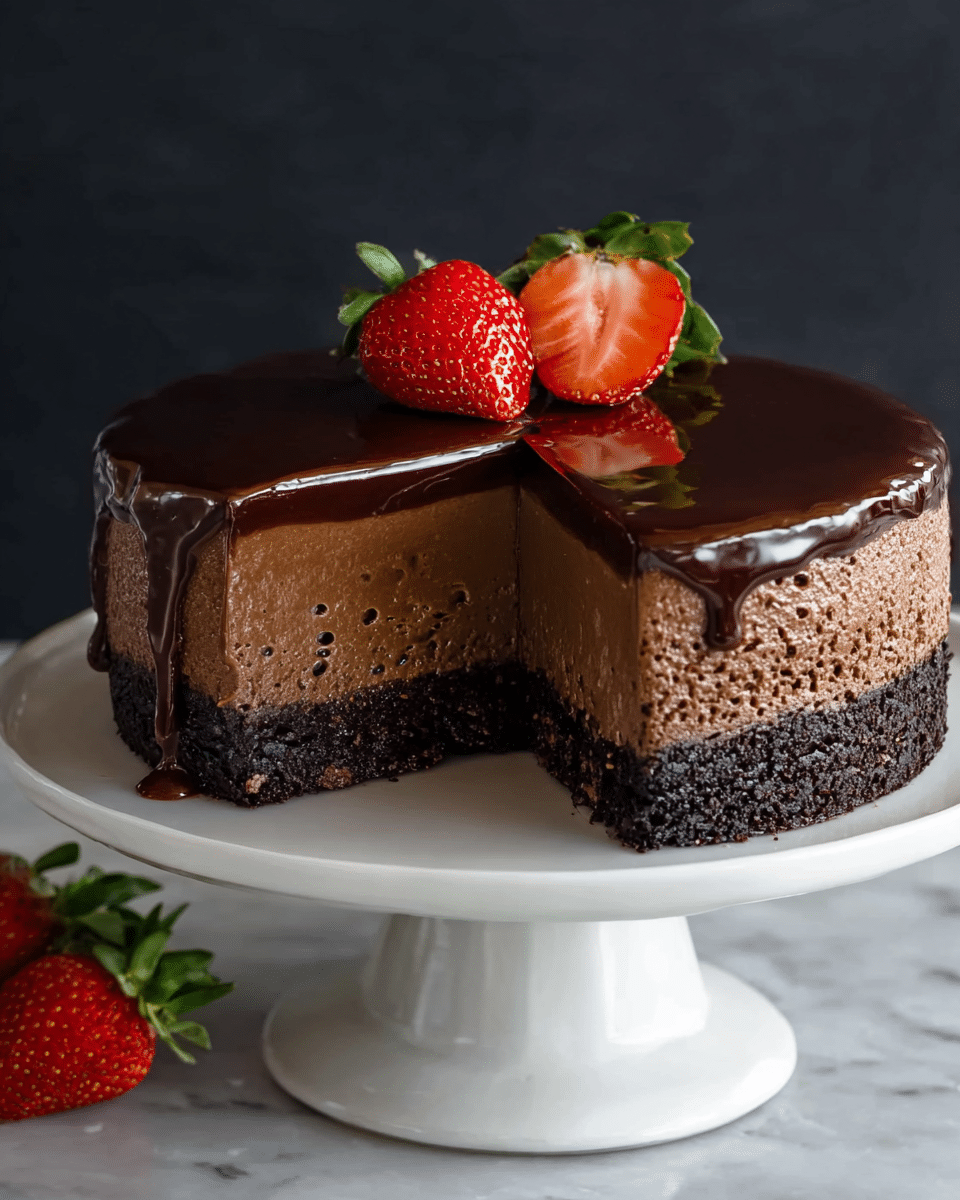 A smooth, dark chocolate cake with three visible layers sits on a white cake stand against a dark background. The bottom layer is a dark, crumbly crust, the middle layer is a lighter, airy chocolate mousse with small air bubbles, and the top layer is a thick, glossy chocolate glaze that drips slightly over the sides. On top of the cake are two fresh, bright red strawberries with green leaves, and a few more strawberries sit on the cake stand next to the cake. The cake stand is on a white marbled surface. photo taken with an iphone --ar 4:5 --v 7