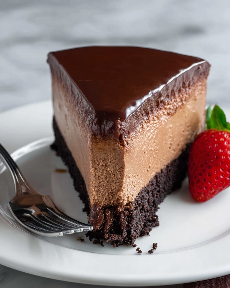 A slice of three-layer chocolate cheesecake sits on a white plate with a shiny silver fork beside it holding a bite of the cake. The bottom layer is dark and crumbly, resembling chocolate cookie crust. The middle layer is thick, creamy, and light brown with a mousse-like texture. The top layer is a smooth, glossy dark chocolate ganache. A bright red strawberry with green leaves rests on the right side of the plate, adding a fresh color contrast. The background is a white marbled texture. photo taken with an iphone --ar 4:5 --v 7