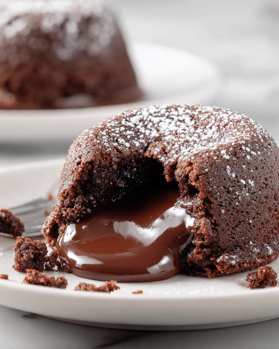 A round chocolate lava cake with a coarse, crumbly dark brown outer layer dusted lightly with white powdered sugar sits on a white plate. The cake is cut open in the front, revealing a smooth, glossy, rich dark chocolate liquid center flowing out. Crumbs from the cake are scattered near the base, highlighting the contrast between the soft liquid inside and the slightly firm exterior. In the background, another whole chocolate lava cake is visible, slightly out of focus, resting on a white plate against a white marbled textured surface. photo taken with an iphone --ar 4:5 --v 7