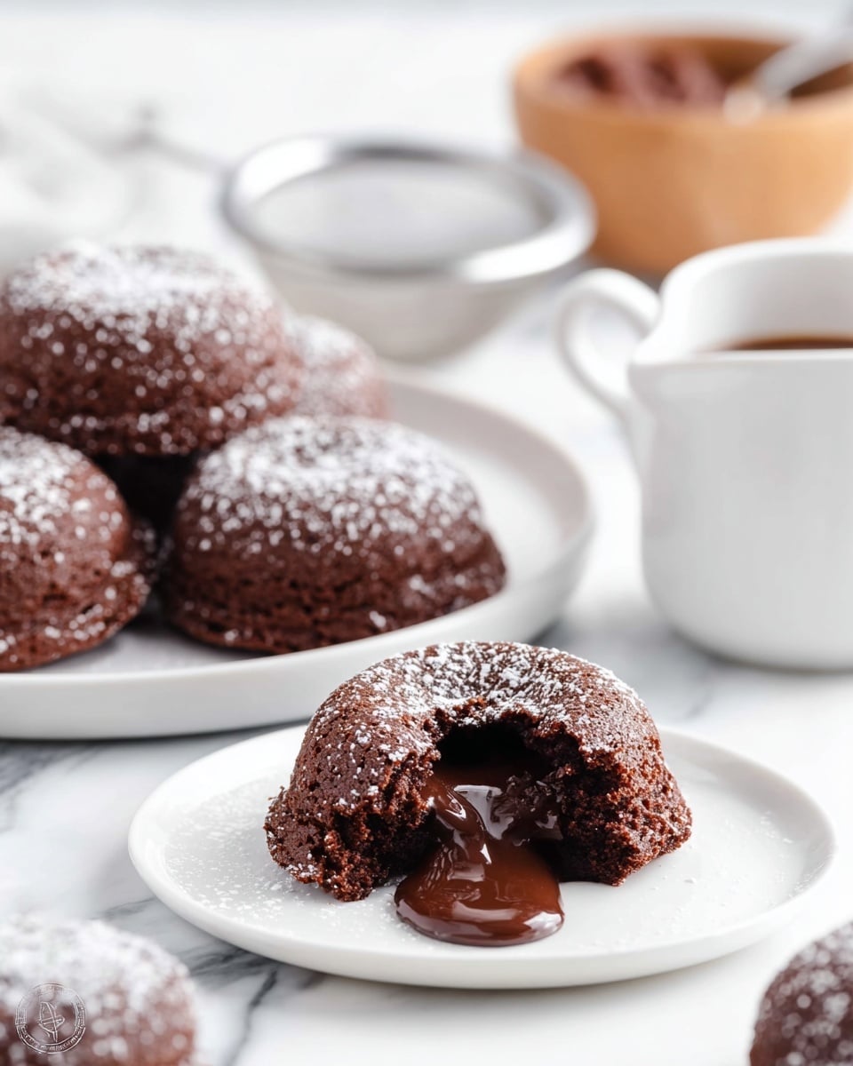 A close-up view of a rich chocolate lava cake on a small white plate, broken open in the middle to reveal smooth, dark melted chocolate flowing out, with a light dusting of powdered sugar on top. Behind it, a white plate holds several whole chocolate lava cakes with similar powdered sugar sprinkles, all on a white marbled surface. To the left, a small white pitcher contains more chocolate sauce, and a wooden bowl with a metal sifter is blurred in the background. The scene is bright and clean, focusing on the textures of the moist cakes and glossy chocolate inside. photo taken with an iphone --ar 4:5 --v 7