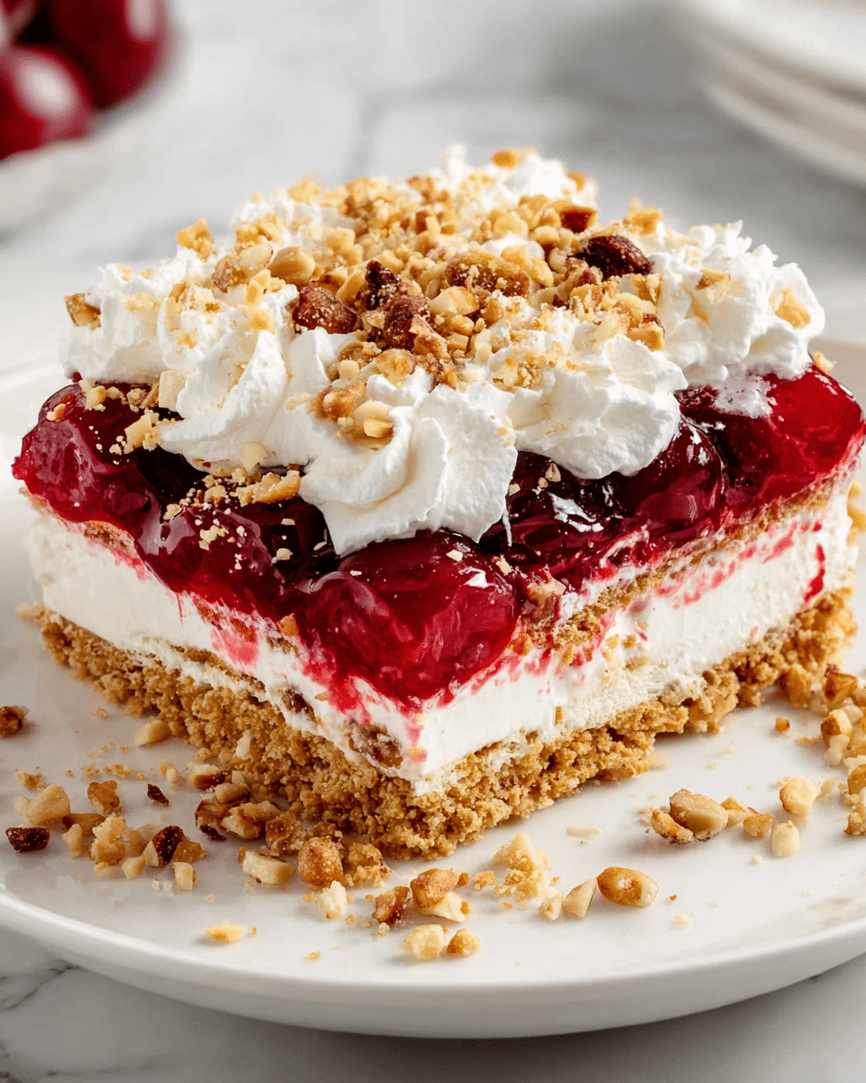 A piece of layered dessert on a white plate with a white marbled surface under it, showing four layers: the bottom layer is a crumbly light brown crust, the second layer is creamy white, the third layer is a bright red cherry topping with visible whole cherries, and the top layer is fluffy white whipped cream sprinkled with small chopped light brown nuts. Some crumbs and nuts are scattered around the plate. Photo taken with an iphone --ar 4:5 --v 7
