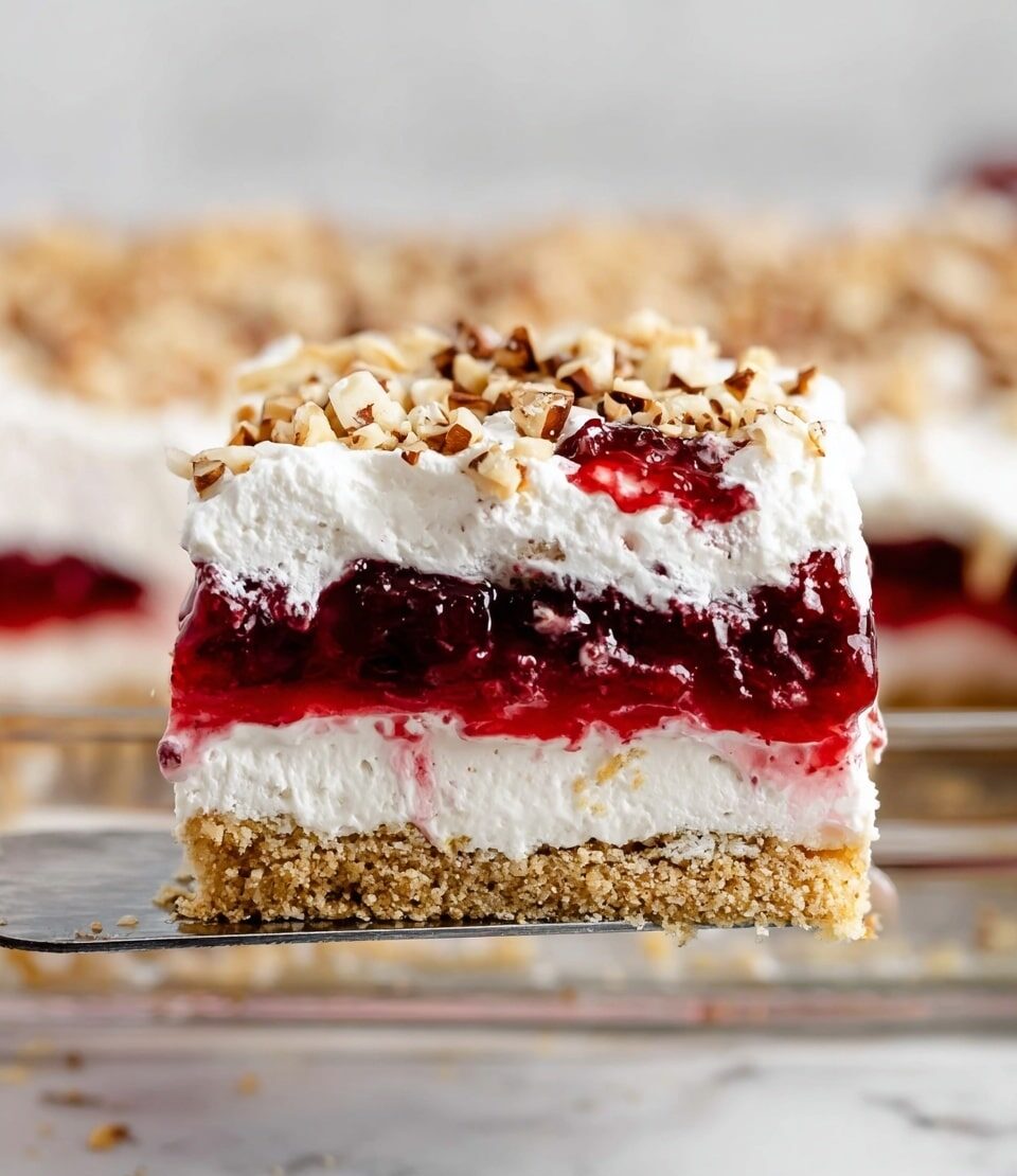A close-up side view of a slice of layered dessert held above a tray with a silver spatula. The dessert has four layers: the bottom layer is a crumbly, light brown crust; above it is a thick white creamy layer; on top of that is a glossy, deep red cherry jelly layer with visible cherry pieces; the top layer is fluffy white whipped cream sprinkled generously with chopped light brown nuts. The background shows the rest of the dessert in the clear tray, sitting on a white marbled surface. photo taken with an iphone --ar 4:5 --v 7