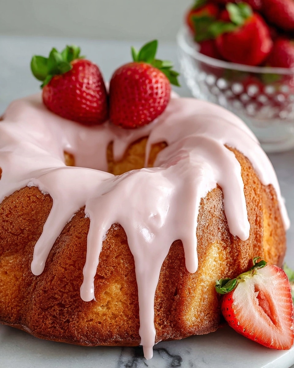 A round bundt cake with one visible thick layer of golden-brown cake is topped with a smooth light pink glaze that drips down over the sides unevenly, creating thick, flowing drips. On top of the glaze, two whole ripe red strawberries with green leaves sit side by side. Next to the cake, there is one sliced strawberry showing bright red and white inside. The background has a white marbled texture and a glass bowl filled with more strawberries is visible blurred behind the cake. photo taken with an iphone --ar 4:5 --v 7