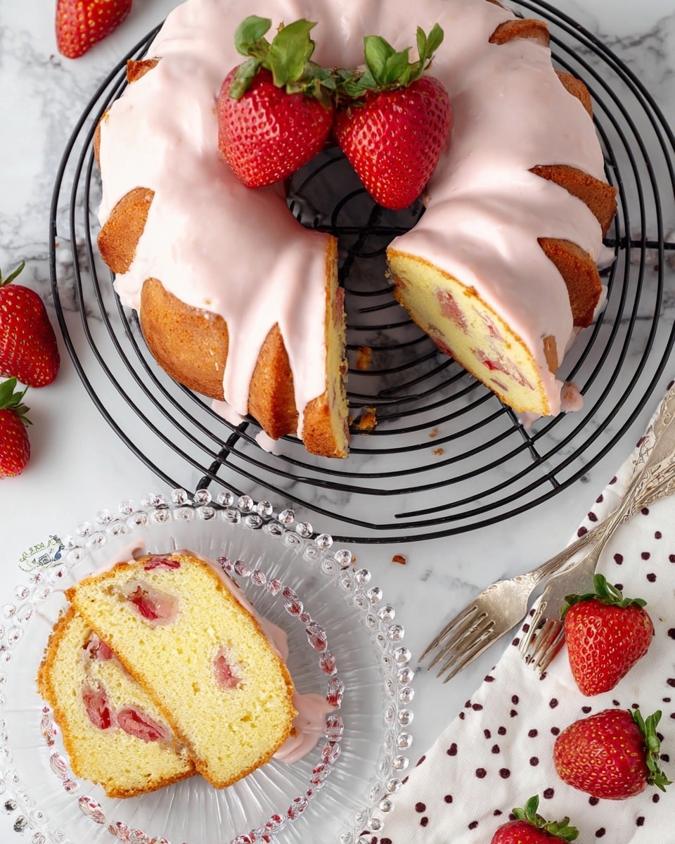 A round bundt cake with a golden-brown crust sits on a black cooling rack above a white marbled surface, topped with smooth, pale pink icing that spreads unevenly across the top. The cake is decorated with two whole fresh strawberries with bright red skin and green leaves positioned on the icing. Two slices are cut from the cake, revealing a moist yellow interior with scattered chunks of red strawberries. One slice is placed on a clear glass plate with decorative beads around the edges, also with pale pink icing on its side. Several whole strawberries rest on the white marbled surface around the cake, along with a silver fork on a white cloth with small dark dots. Photo taken with an iphone --ar 4:5 --v 7