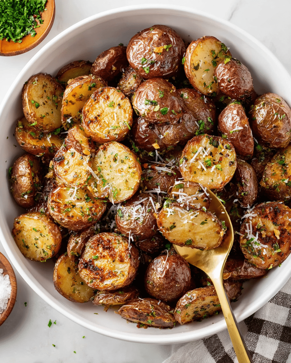 A white bowl filled with roasted baby potatoes, some whole with shiny, brown skins, and many cut in half showing golden, crispy edges with seared marks. The potatoes are coated with herbs and small bits of green parsley sprinkled all over. A gold spoon rests inside the bowl, lifting several halved potatoes, highlighting their browned, slightly textured surfaces. Small white flakes of seasoning or cheese are sprinkled on top. The bowl sits on a white marbled surface background with a checkered cloth partially visible at the corner. Photo taken with an iphone --ar 4:5 --v 7