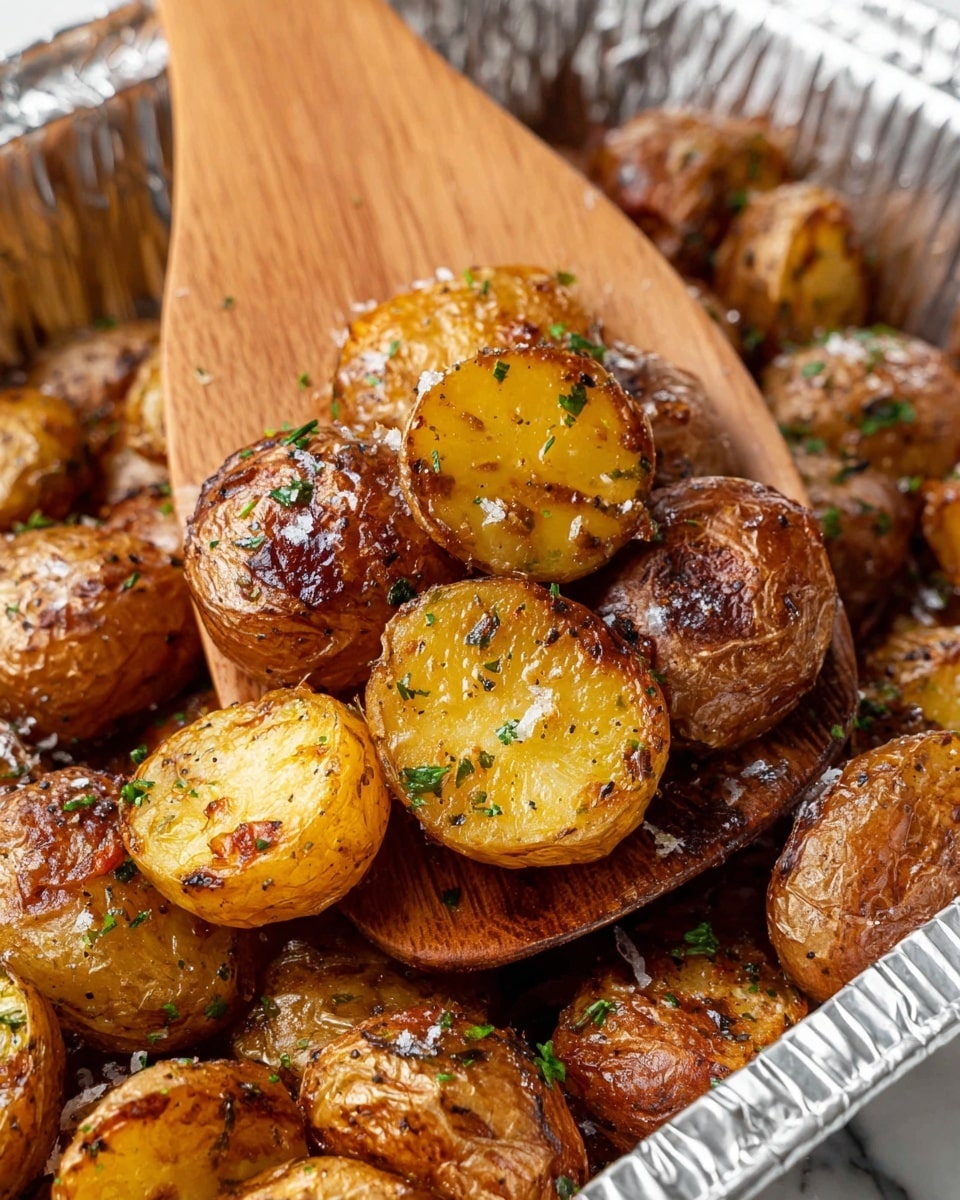 A close-up of golden-brown roasted baby potatoes with a crispy texture, showing some cut halves with a slightly caramelized surface. The potatoes have a mix of warm brown and yellow-gold colors, sprinkled with small green herb pieces and coarse salt flakes. They rest inside a shiny metal foil container, with a wooden spoon partially lifting some potatoes, all set against a white marbled texture. photo taken with an iphone --ar 4:5 --v 7