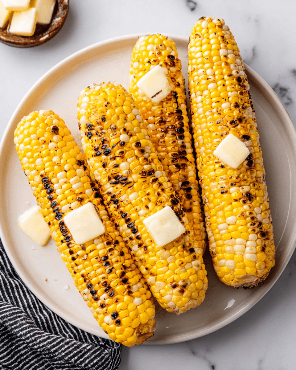 The image shows four grilled corn on the cobs placed on a white plate. Each cob has a mix of bright yellow and white kernels with some dark brown char marks from grilling, giving a slightly uneven texture across the surface. On top of each corn, there is a small square of white butter melting slowly, creating a glossy appearance. The plate is set on a white marbled surface, and part of a black and white striped cloth is visible in the corner. Photo taken with an iphone --ar 4:5 --v 7