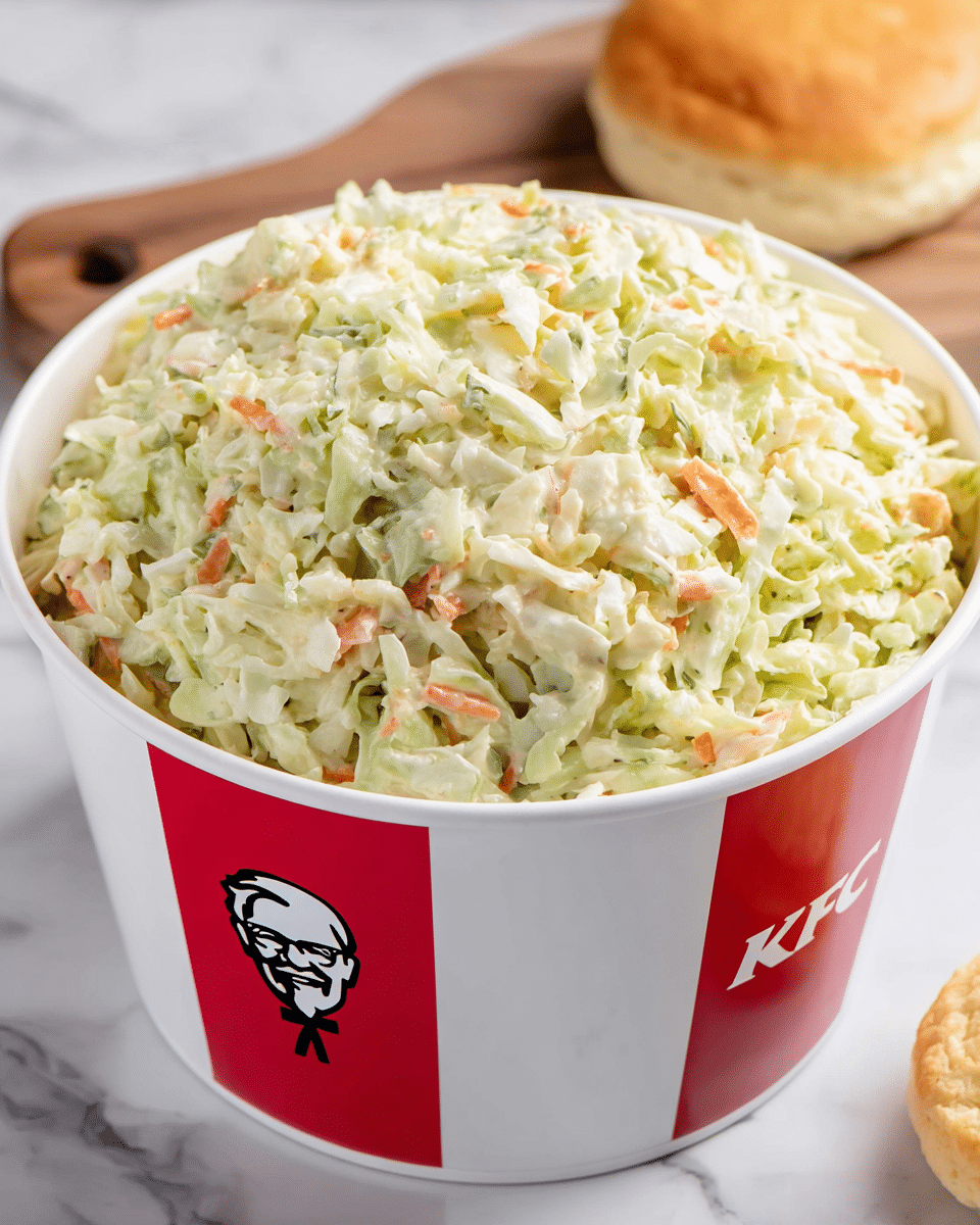 A large white bucket with red panels and the KFC logo on the front is filled with coleslaw. The coleslaw has three visible layers mixed evenly: finely shredded pale green cabbage, small bits of bright orange carrot, and creamy white dressing coating the vegetables for a moist texture. The coleslaw fills the bucket to the top, showing a fresh and crisp look. The bucket sits on a white marbled surface, with a biscuit in the background. photo taken with an iphone --ar 4:5 --v 7