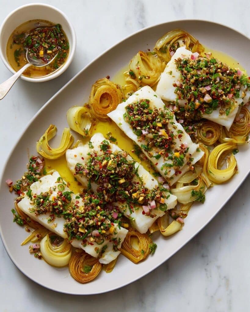 Roasted Fish and Leeks with Mustard Vinaigrette Recipe
