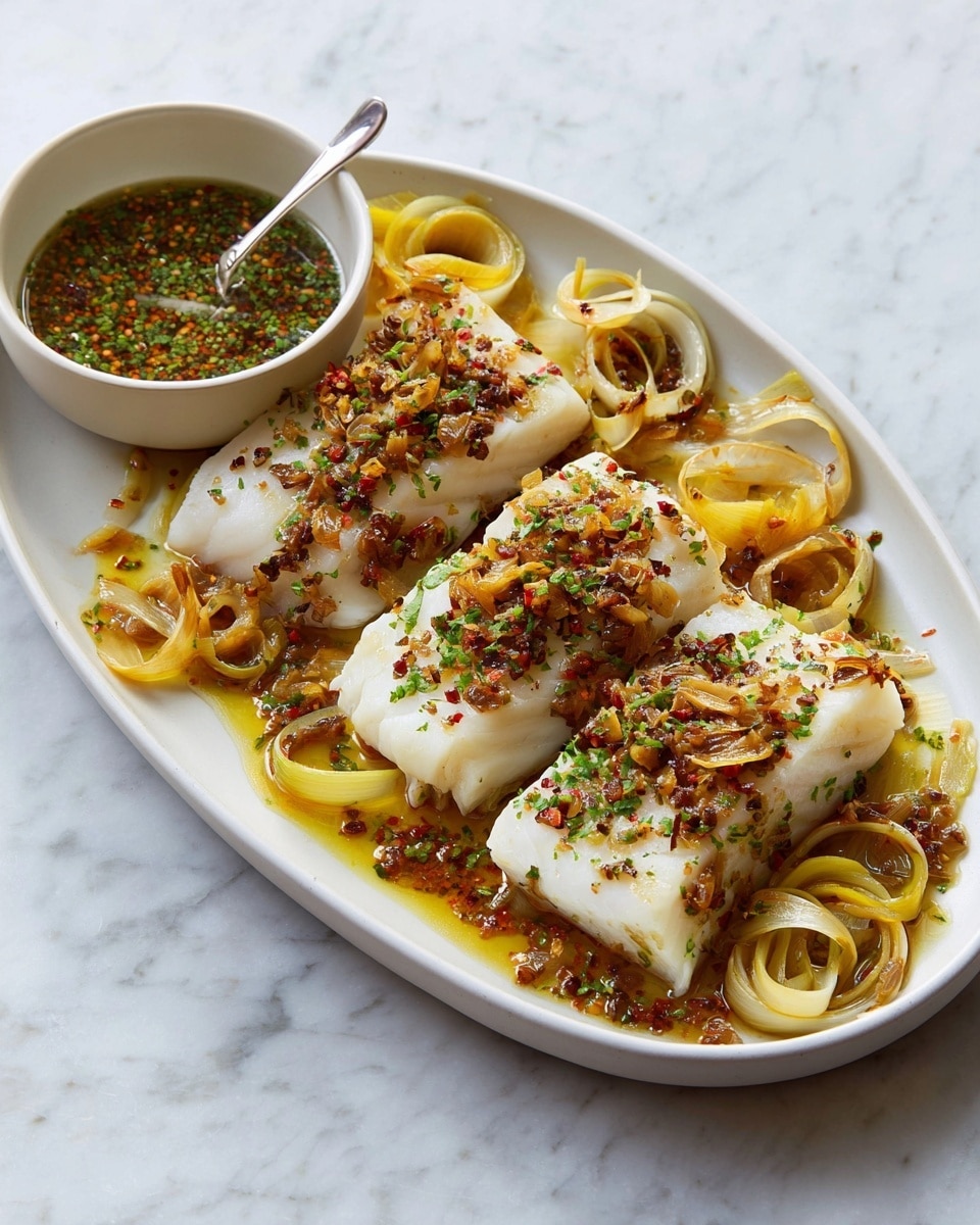 The dish shows four thick pieces of white fish fillets placed side by side on a white oval plate. The fish is smooth and moist in texture, with a topping of finely chopped herbs, red chili flakes, and small bits of garlic or shallots. Surrounding and partly on top of the fish are curled and slightly browned rings of sautéed yellow leeks or onions, giving a mix of soft and crispy textures. Next to the plate is a small white bowl of greenish dressing mixed with red chili flakes and herbs, with a spoon inside. The setting is on a white marbled surface. Photo taken with an iphone --ar 4:5 --v 7