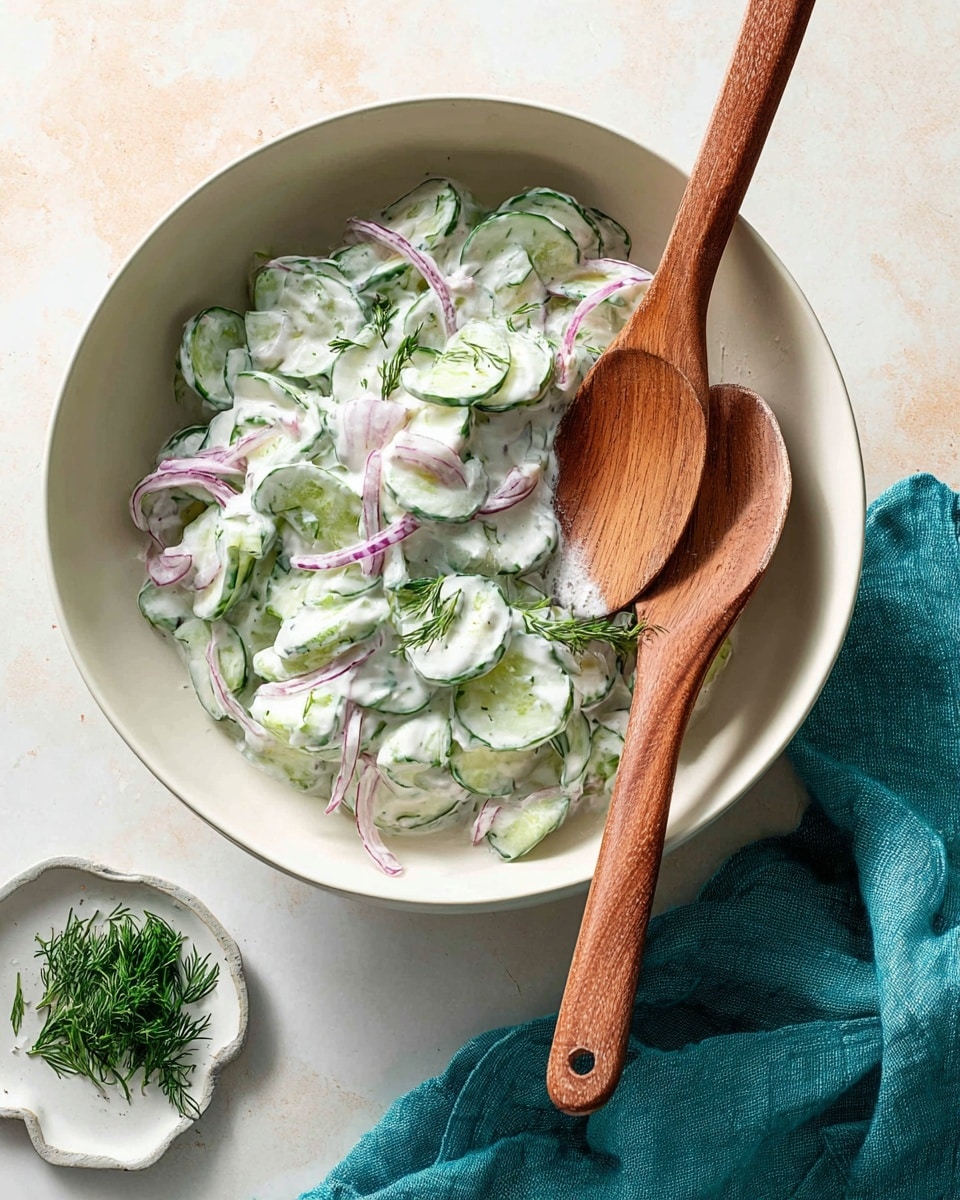 A white bowl filled with creamy white cucumber salad mixed with thin green cucumber pieces, light purple onion slices, and small green dill leaves, creating a textured, fresh look. Two wooden salad forks rest inside the bowl at a slight angle, their warm brown tones contrasting with the creamy salad. Next to the bowl, a small white dish holds extra fresh dill, and a teal cloth is casually placed on the right side atop a white marbled surface. The setting is bright and clean, showing a simple and fresh food presentation. photo taken with an iphone --ar 4:5 --v 7