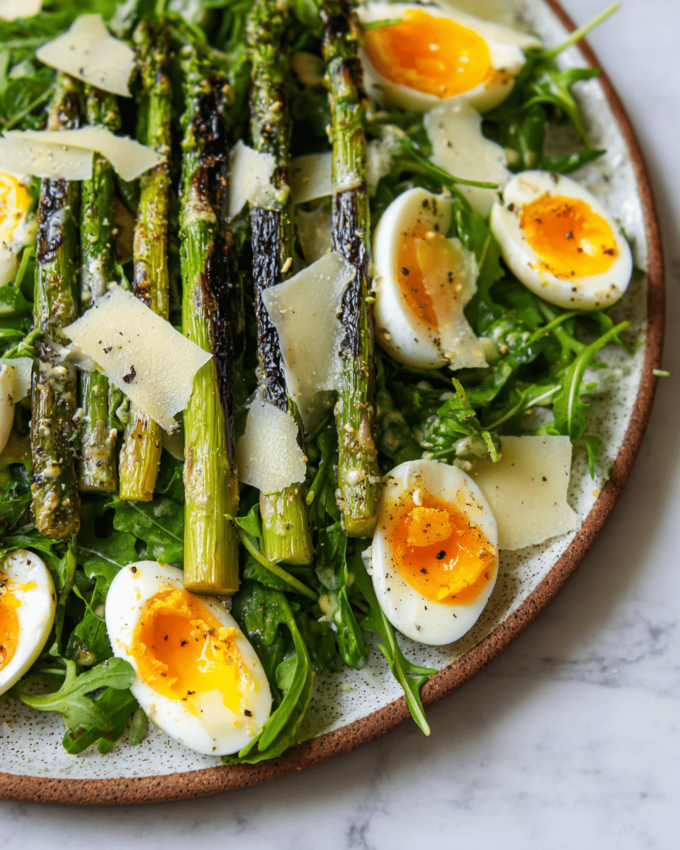 The image shows a close-up of a salad on a white speckled plate placed on a white marbled surface. The salad is made of three main layers: at the base, there is a bed of fresh, vibrant green arugula leaves with a slightly jagged texture, on top of which lie several charred grilled asparagus spears, long and green with dark brown grill marks adding a rough texture. Scattered evenly across the asparagus and arugula are soft boiled eggs, halved to reveal bright orange runny yolks and smooth white edges. Thin shavings of pale yellow cheese are placed on top and between the other layers, adding a smooth, thin contrasting texture. The dish is lightly drizzled with a creamy dressing and sprinkled with black pepper, giving small specks of black against the fresh colors of the salad, photo taken with an iphone --ar 4:5 --v 7