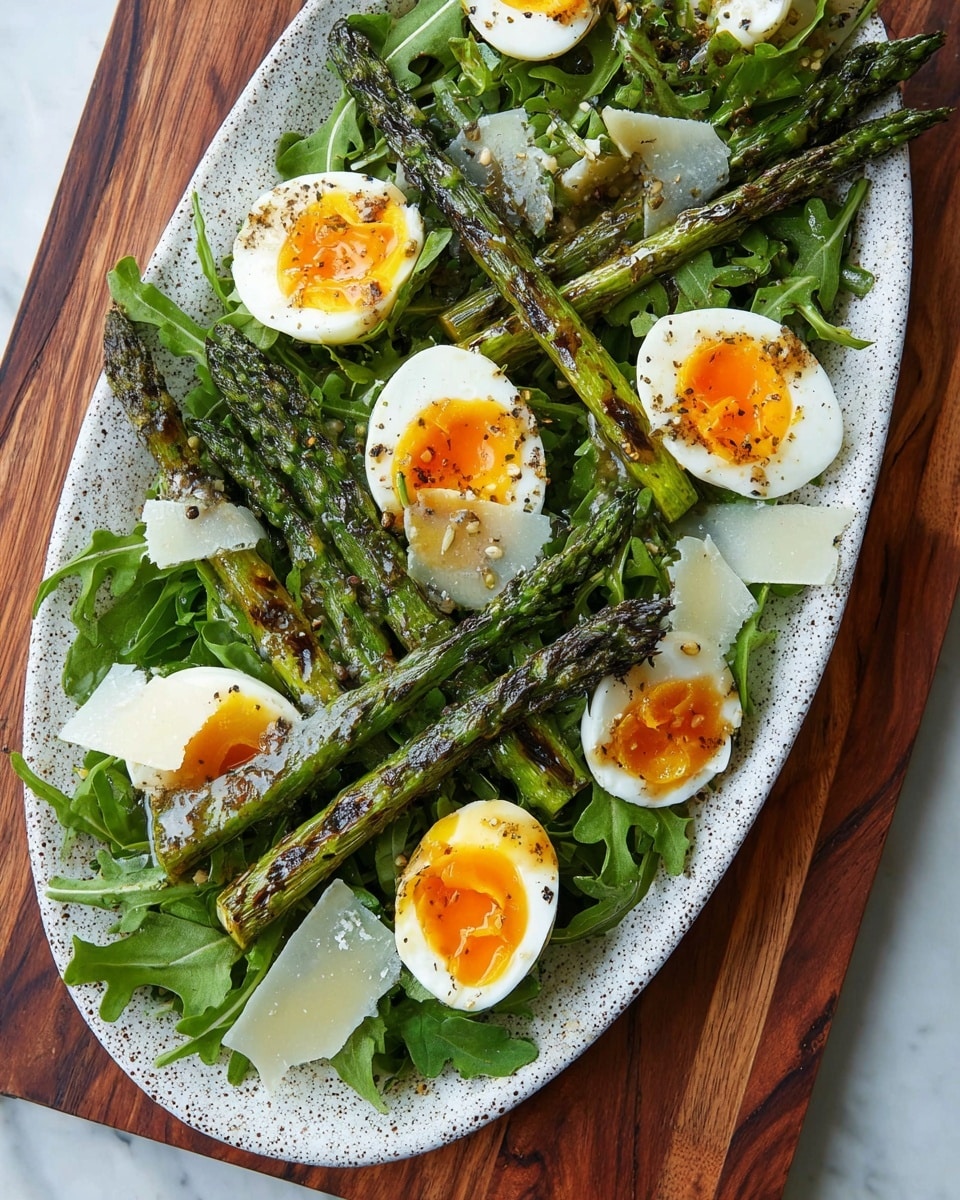 A white speckled oval plate sits on a wooden board with a rich brown pattern, all set on a white marbled surface. The plate holds a fresh bed of dark green arugula leaves as the base layer. On top of the greens are several long, charred green asparagus spears arranged diagonally. Scattered among the asparagus are four soft-boiled eggs cut in half, showing bright orange, slightly runny yolks. Thin, pale cheese slices are placed flat in between the asparagus and eggs. A light dressing with visible seasoning is drizzled over everything, adding a glossy texture. photo taken with an iphone --ar 4:5 --v 7