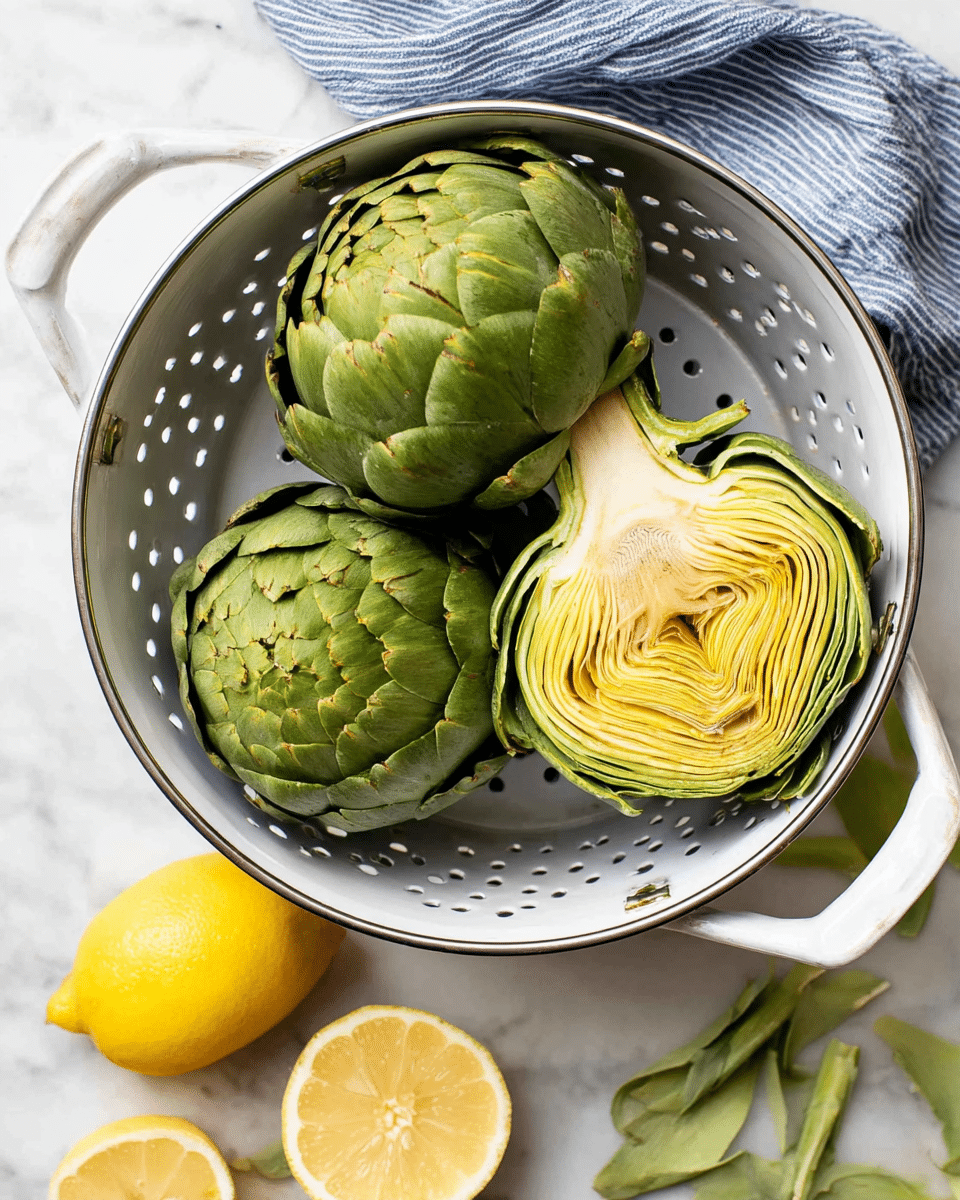 The image shows two whole artichokes inside a white metal steamer basket with small round holes, placed on a white marbled surface. One artichoke is whole and green with tightly packed leaves, positioned to the right, while the other is cut in half horizontally, showing many light yellow tightly layered inner leaves and a small stem at the bottom. Around the steamer, there are lemon halves and a whole lemon with bright yellow skin at the bottom, and some green artichoke leaf peels scattered on the top right. A blue and white striped cloth lies casually in the top left corner. Photo taken with an iphone --ar 4:5 --v 7