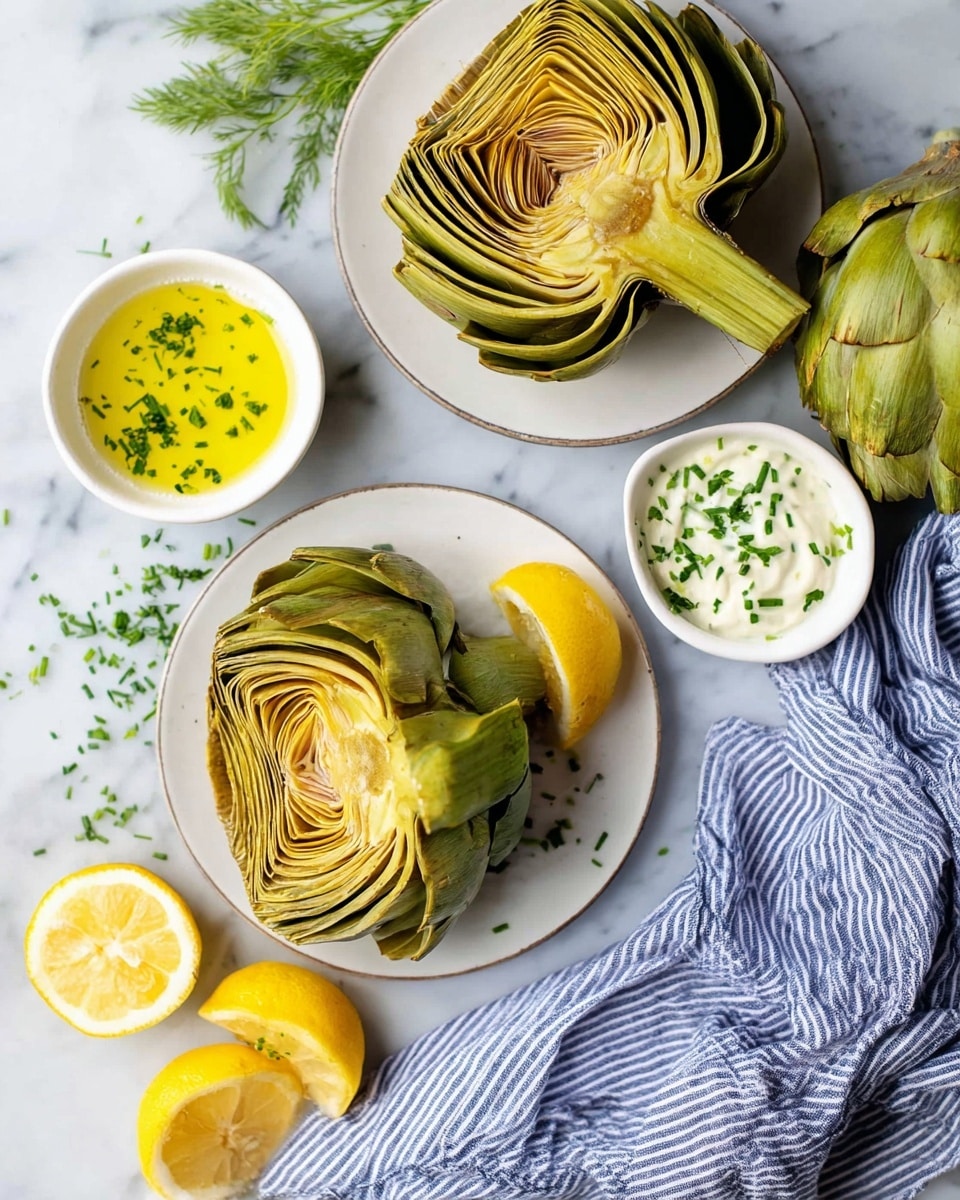 The image shows two white plates with two halves of cooked artichokes on each. The artichoke halves have a green to yellow gradient with visible layered petals and a soft texture. On one plate, there is a small white bowl filled with a yellow sauce sprinkled with green herbs, while the other plate has a small white bowl with a creamy white sauce topped with finely chopped green herbs. Around the plates are fresh yellow lemon halves and a whole artichoke, placed on a white marbled surface. A blue and white striped cloth is laid casually next to the plates. photo taken with an iphone --ar 4:5 --v 7