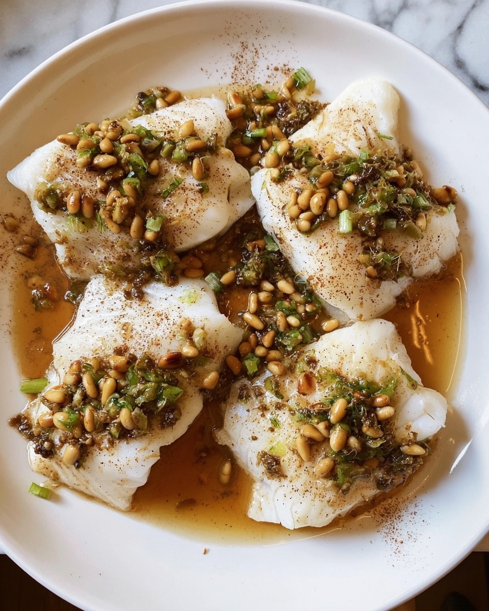 A white plate holds four pieces of soft white fish fillets arranged in a loose circle. Each fillet is topped with a layer of golden pine nuts mixed with small green bits, possibly herbs or scallions, and a light drizzle of brown sauce surrounds and soaks into the fish. There is a light dusting of darker seasoning sprinkled over the fish and nuts, adding texture and contrast. The plate is set on a white marbled surface. photo taken with an iphone --ar 4:5 --v 7