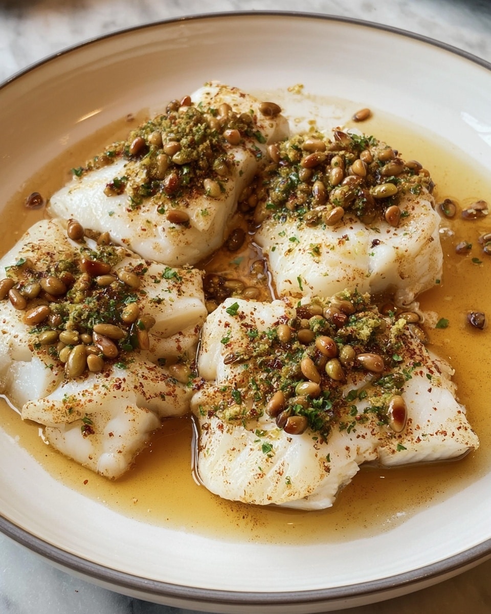 The dish shows four pieces of white fish fillets placed on a round white plate with a thin gray rim. Each fillet has a topping of small brown pine nuts mixed with finely chopped green herbs, sitting in a light brown sauce that spreads slightly around the plate. The fish looks soft and flaky with some seasoning sprinkled over it, and the sauce appears glossy, adding a moist texture to the dish. The plate rests on a white marbled surface. photo taken with an iphone --ar 4:5 --v 7