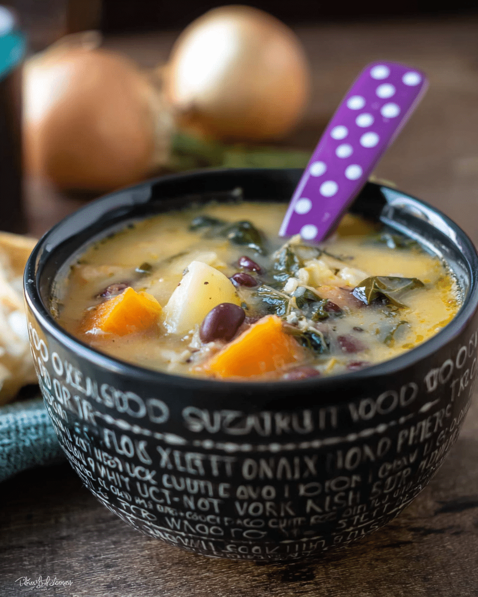 A black bowl with white text and patterns on the outside holds a thick soup with a creamy yellow base. The soup has visible pieces of dark beans, leafy greens, bright orange carrot slices, and chunks of light yellow potato floating near the surface. A purple spoon with white spots is placed inside the bowl at an angle. The bowl sits on a wooden table, and in the background, a whole onion is slightly out of focus. The scene is softly lit with a cozy, warm feel. photo taken with an iphone --ar 4:5 --v 7