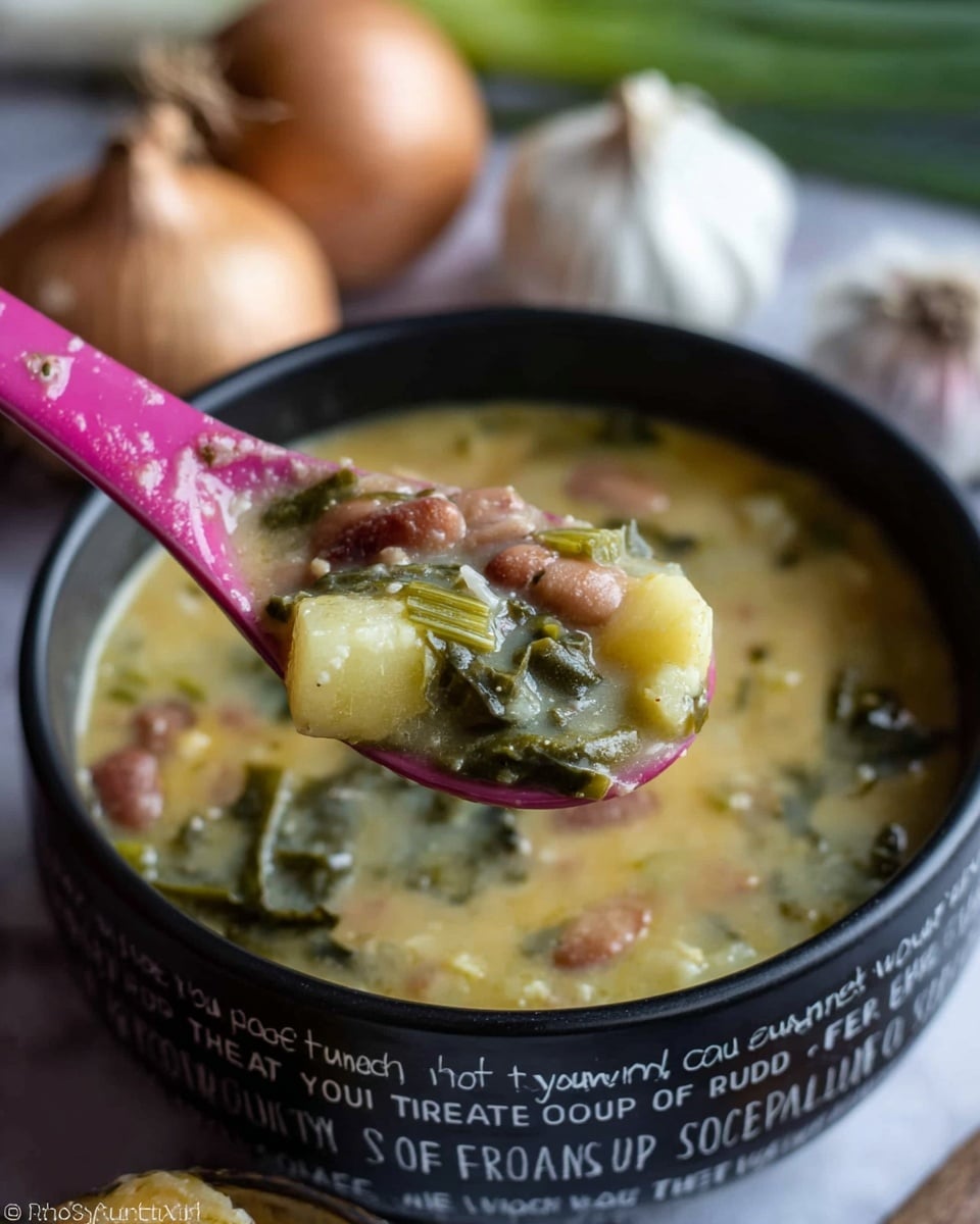 A close-up image shows a black bowl with light pink and white text around it, filled with a thick, creamy soup of pale yellow color with visible brown beans, small potato chunks, and green leafy vegetables mixed in. A pink spoon holds a scoop of the soup above the bowl, showing the soup’s chunky texture with beans and leaves clearly seen. The background is a white marbled surface with blurred onion and garlic visible, adding a cozy cooking vibe. Photo taken with an iphone --ar 4:5 --v 7