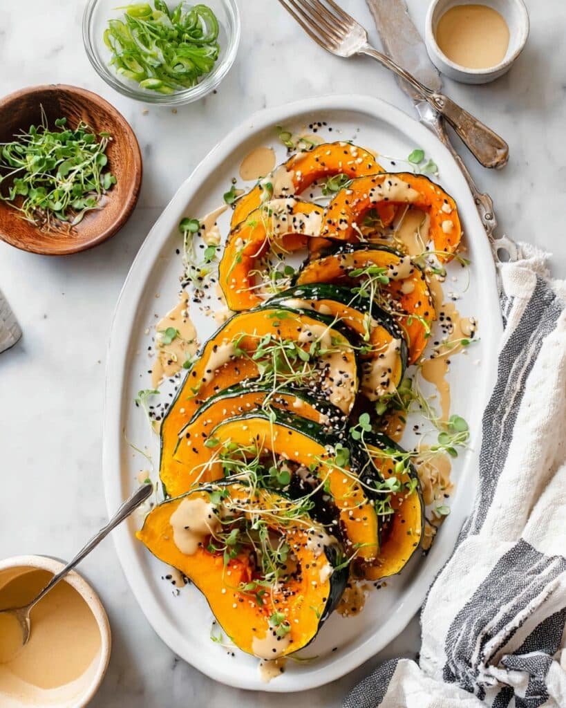 Roasted Kabocha Squash with Sesame Ginger Dressing and Microgreens Recipe