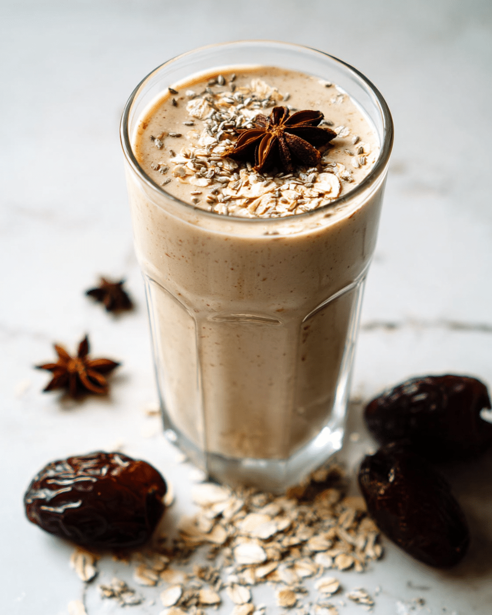 A tall clear glass filled with a creamy beige smoothie, topped with a sprinkle of light beige oats and a dark brown star anise placed in the center; the glass sits on a white marbled surface scattered with light beige oats, several shiny dark brown dates, and a few pieces of dark brown star anise around it. photo taken with an iphone --ar 4:5 --v 7