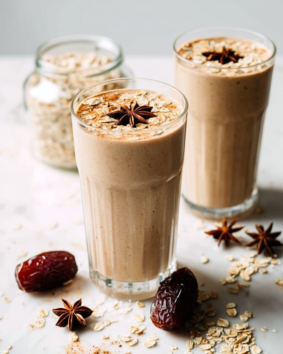 The image shows two clear tall glasses filled with a light brown creamy smoothie, topped with a sprinkle of rolled oats and a piece of star anise resting at the center of each glass. Around the glasses, there are scattered oats and whole star anise on a white marbled surface. In the background, there is a small glass jar filled with oats and a few dark brown dates placed next to the jar and near the front glass. The overall scene is bright, clean, and inviting. photo taken with an iphone --ar 4:5 --v 7