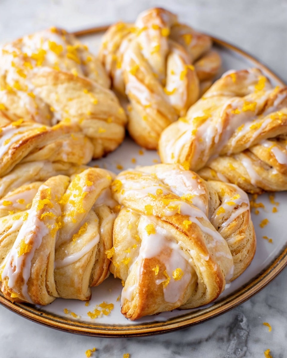 The image shows a close-up of twisted pastries arranged in a circle on a white plate with a golden rim, placed on a white marbled surface. Each pastry has a light golden-brown color with clear layers of dough twisted together, giving a textured, fluffy appearance. The pastries are topped with a glossy white icing drizzled unevenly across the surface, and small pieces of bright orange zest are scattered on top and around, adding contrast and color to the soft tones. Photo taken with an iphone --ar 4:5 --v 7