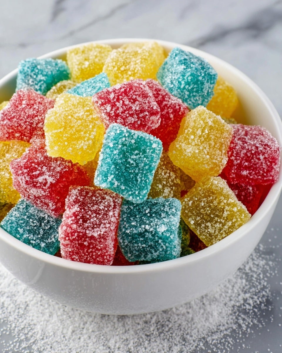 A white bowl filled with colorful, sugar-coated jelly candies piled high. The candies are cut in small cube shapes, with rough sugar crystals covering their surface, giving a sparkling texture. The colors of the candies include bright yellow, red, and turquoise, scattered evenly throughout. The bowl sits on a white marbled surface dusted lightly with granulated sugar, adding to the texture and brightness of the image. photo taken with an iphone --ar 4:5 --v 7