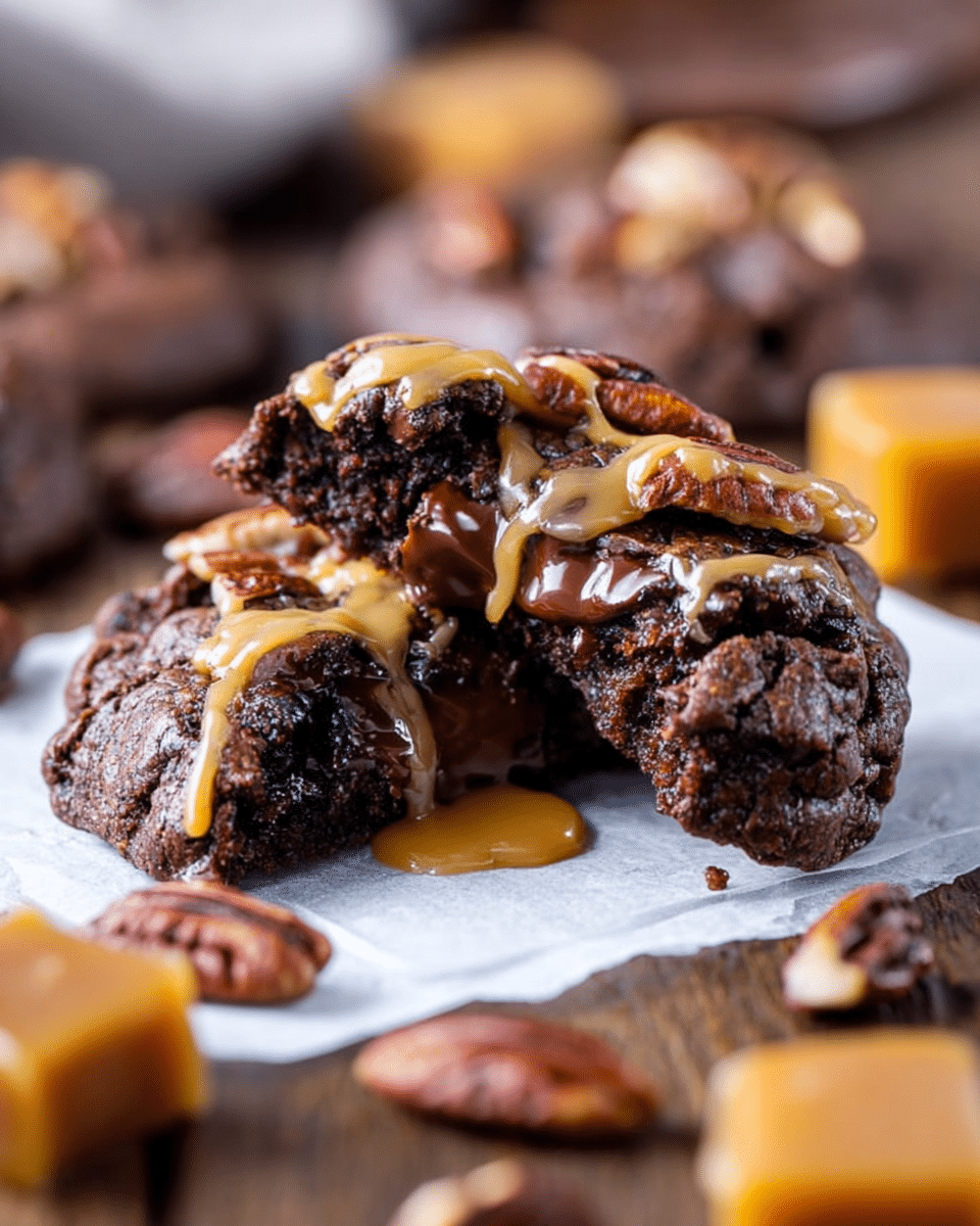 The image shows a close-up of a chocolate cookie broken in half on a piece of white parchment paper, sitting on a wooden table with whole pecans nearby. The cookie is thick, dark brown, and soft, with melted chocolate oozing from the broken center. On top, there are toasted pecans and a drizzle of creamy caramel sauce, which adds a glossy golden layer over the dark cookie bits. In the background, some caramel pieces and more cookies blur softly, keeping focus on the rich, textured cookie in front. photo taken with an iphone --ar 4:5 --v 7
