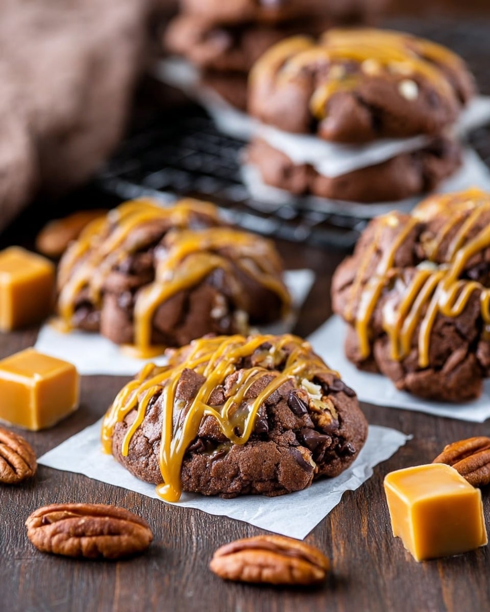The image shows several thick, round chocolate cookies with a rough, chunky texture, each drizzled with golden caramel sauce on top. The cookies have visible bits of pecans and chocolate chips embedded within, adding some texture and variety in brown tones. They are placed on small, square pieces of white paper and rest on a dark wooden surface. Around the cookies, there are whole pecans and caramel squares scattered, adding depth and interest. In the background, there is a blurry stack of cookies on white paper, and a wire rack with more cookies blurred out. Photo taken with an iphone --ar 4:5 --v 7