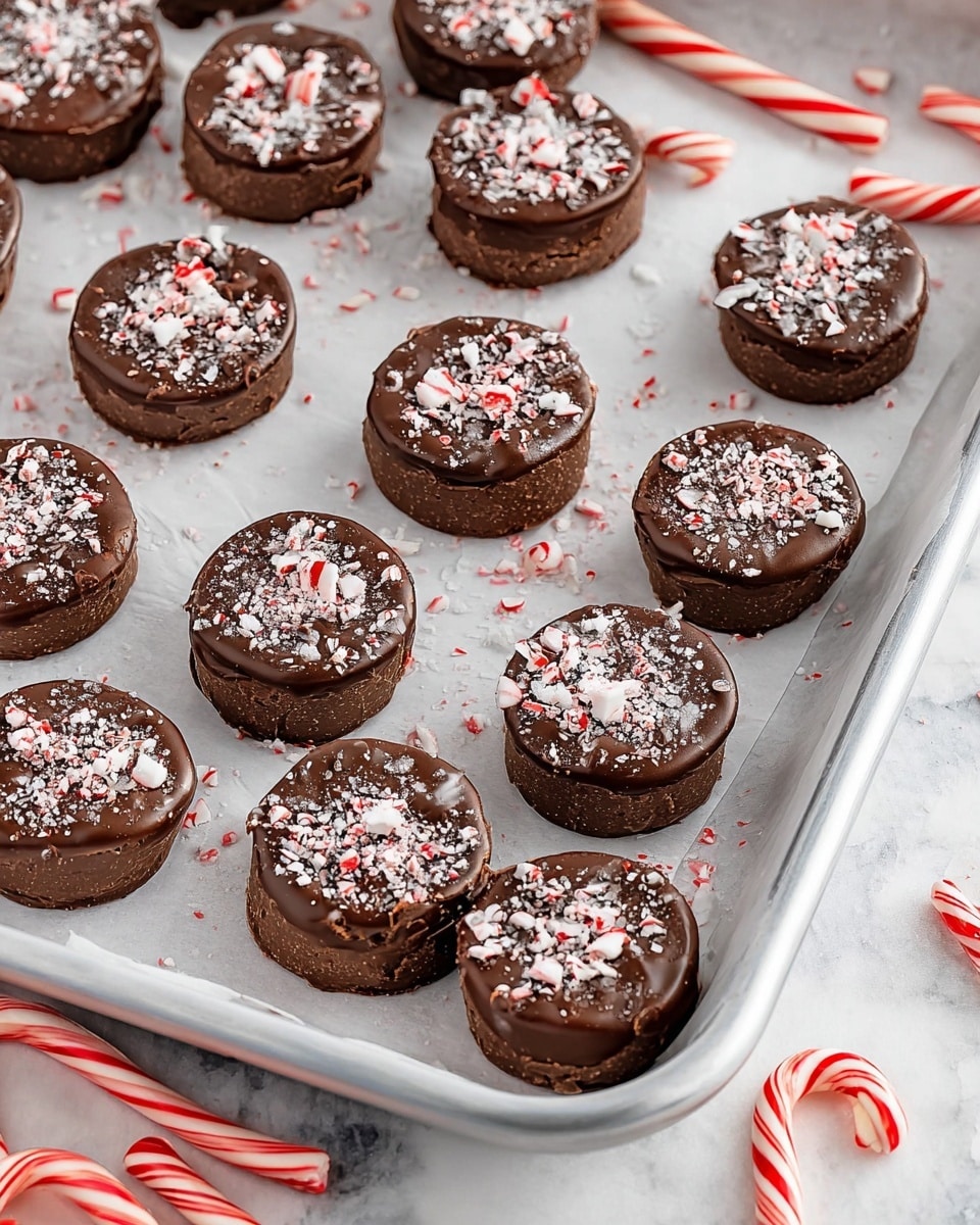The image shows about fifteen round chocolate treats on a white parchment paper, placed on a metal tray. Each treat has two layers: a smooth, shiny dark brown chocolate layer on top and a lighter brown base layer underneath. The top layer is sprinkled with crushed white and red candy cane pieces, adding a rough texture and white-red specks on the dark chocolate surface. The tray rests on a white marbled texture table scattered with whole candy canes, which add a festive touch with their red and white stripes. Photo taken with an iphone --ar 4:5 --v 7