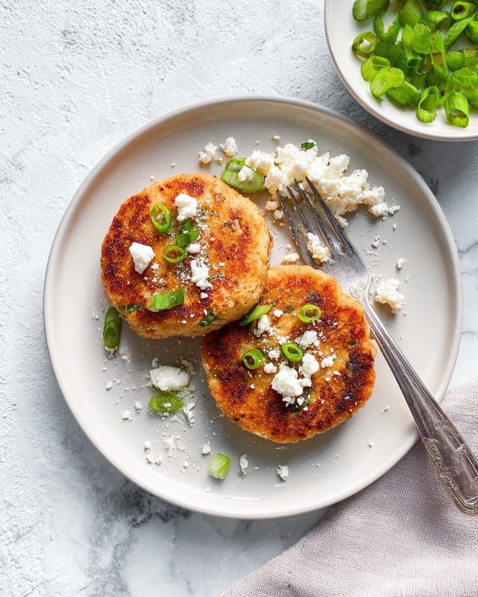 A white plate holds two round golden brown patties with a crispy texture on top, each sprinkled with small pieces of bright green sliced scallions. On one side of the patties is a creamy white crumbled cheese arranged in a small pile, with some cheese bits scattered around. The plate rests on a white marbled surface, and a silver fork is placed diagonally near the cheese. In the top right corner, part of a white bowl filled with more green scallions is visible. Photo taken with an iphone --ar 4:5 --v 7
