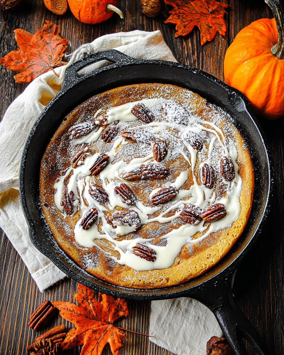 A golden brown pancake sits inside a black cast iron skillet, topped with irregular swirls of white cream sauce and scattered dark brown pecans. A light dusting of powdered sugar covers the surface, adding a soft white contrast to the warm tones of the pancake. The skillet is placed on a dark wooden surface covered partially by an off-white cloth, with orange autumn leaves and a small orange pumpkin nearby. The overall scene has a cozy, autumn feel with warm hues and rustic textures. photo taken with an iphone --ar 4:5 --v 7