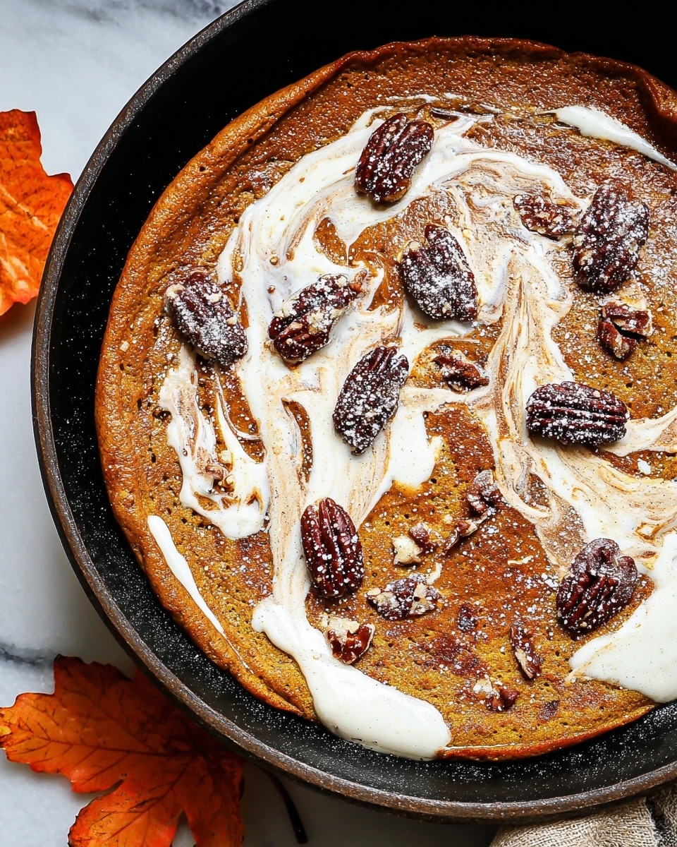 The dish is a single thick, round pumpkin pancake on a black skillet, with a deep golden brown color and slightly crisp edges. Swirls of white cream are spread unevenly across the top, creating a marbled effect that contrasts with the warm pumpkin color. Scattered on the surface are several dark brown toasted pecans, some dusted with white powdered sugar, adding texture and visual interest. The skillet sits on a white marbled surface with a couple of orange autumn leaves placed nearby, enhancing the fall theme. Photo taken with an iphone --ar 4:5 --v 7