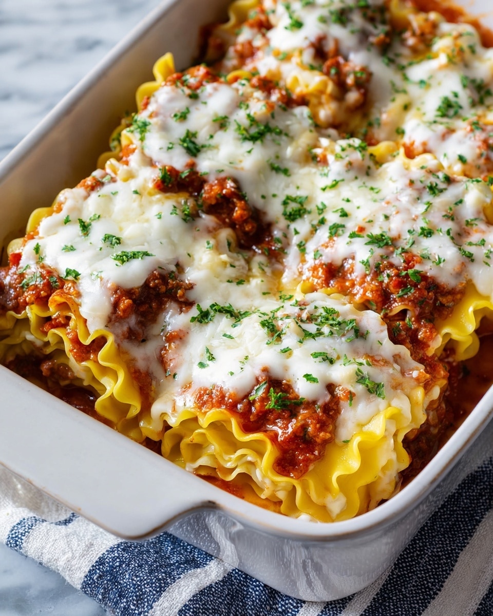 This dish shows a white baking dish filled with rolled lasagna pieces, each made of three visible layers: a light yellow pasta sheet with ruffled edges forming the base, a middle layer of chunky reddish-brown meat sauce mixed with small bits of tomato, and a top layer of melted white cheese that is creamy and spread unevenly. The lasagna rolls are sprinkled with small green herb pieces, adding fresh color contrast. The white baking dish rests on a cloth with simple dark stripes, all set on a white marbled texture. Photo taken with an iphone --ar 4:5 --v 7