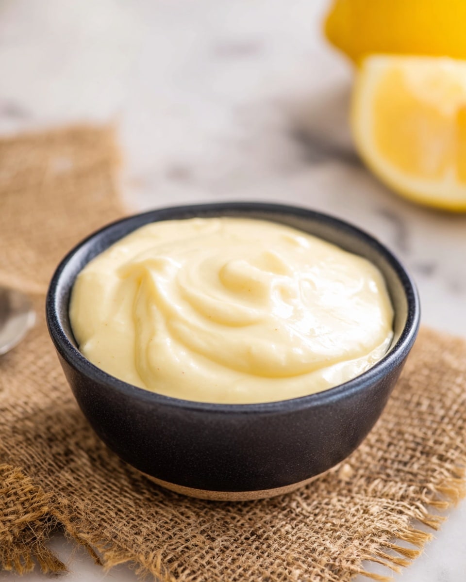 A small black bowl filled with thick, creamy, pale yellow sauce sits on a coarse brown burlap cloth atop a white marbled surface. In the background to the right, a halved lemon with a bright yellow interior is slightly out of focus, adding a fresh touch. The sauce has smooth peaks and slight folds showing a rich texture, filling the bowl fully without spilling. Photo taken with an iphone --ar 4:5 --v 7