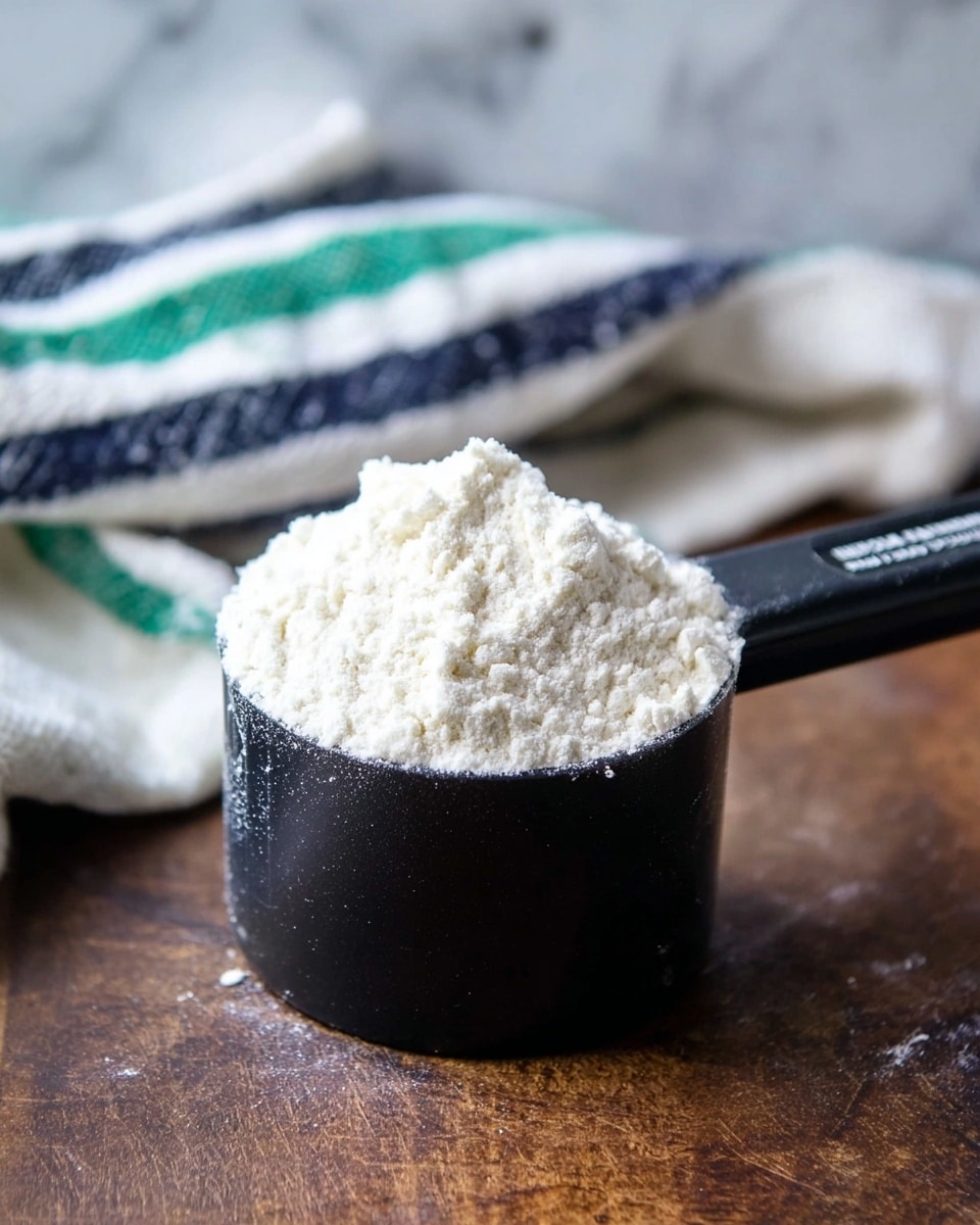 A close-up view of a black measuring cup filled to the top with fine white flour that is softly piled and slightly overflowing the edges, resting on a dark wooden surface with a soft texture. Behind the cup, there is a blurred cloth with white, green, and dark blue stripes casually placed, all set against a white marbled textured background. photo taken with an iphone --ar 4:5 --v 7