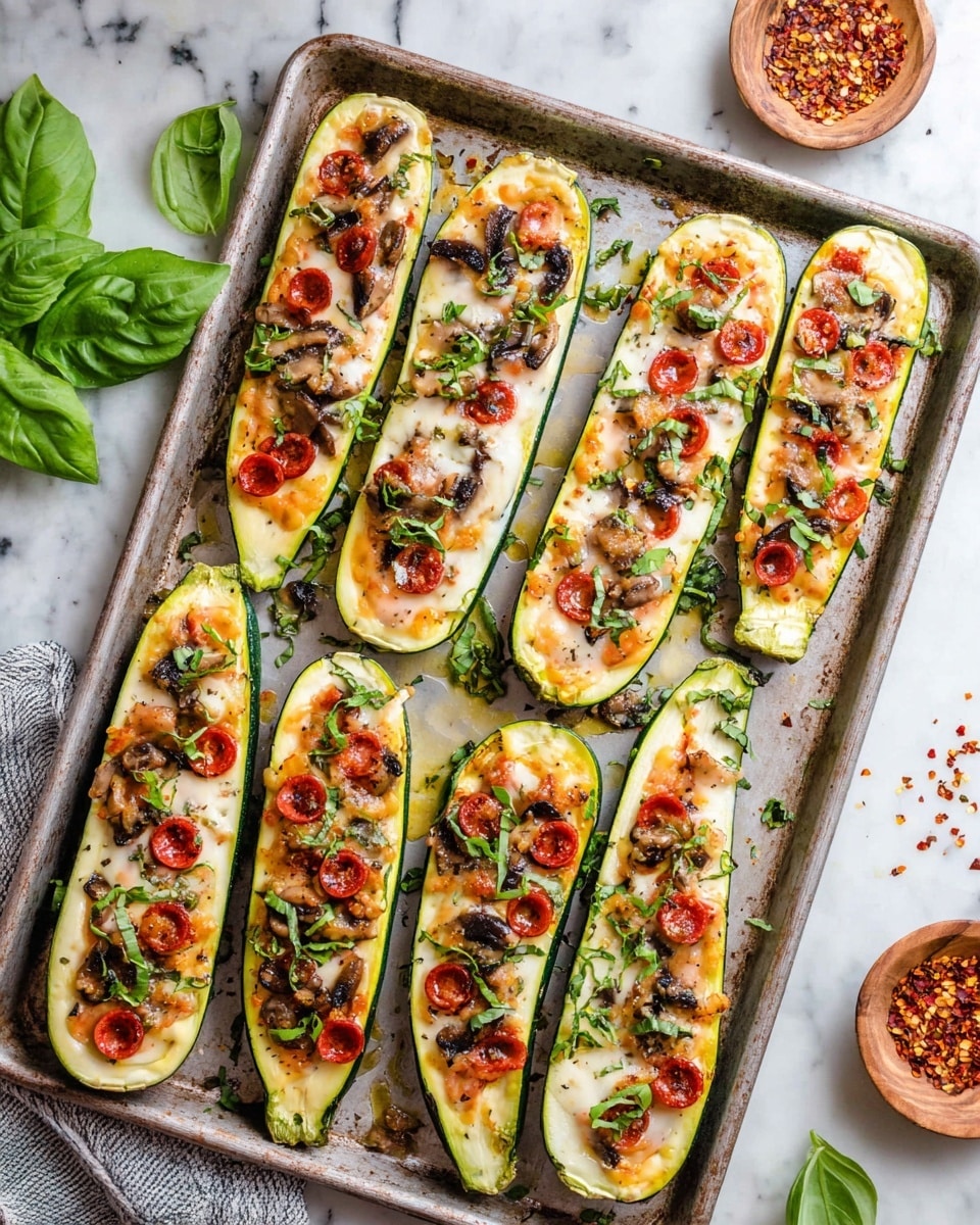 A baking tray holds eight zucchini boats cut in half lengthwise with a green outer skin. Each boat is filled with a layer of melted cheese that is creamy white and golden brown in parts. On top, there are small round pepperoni slices in reddish-brown, black olive slices, brown mushroom pieces, and bits of chopped red onion scattered across. Fresh green herbs are sprinkled over all, adding a lively touch. The tray is on a white marbled textured surface with green basil leaves and a small wooden bowl of red pepper flakes beside it. photo taken with an iphone --ar 4:5 --v 7