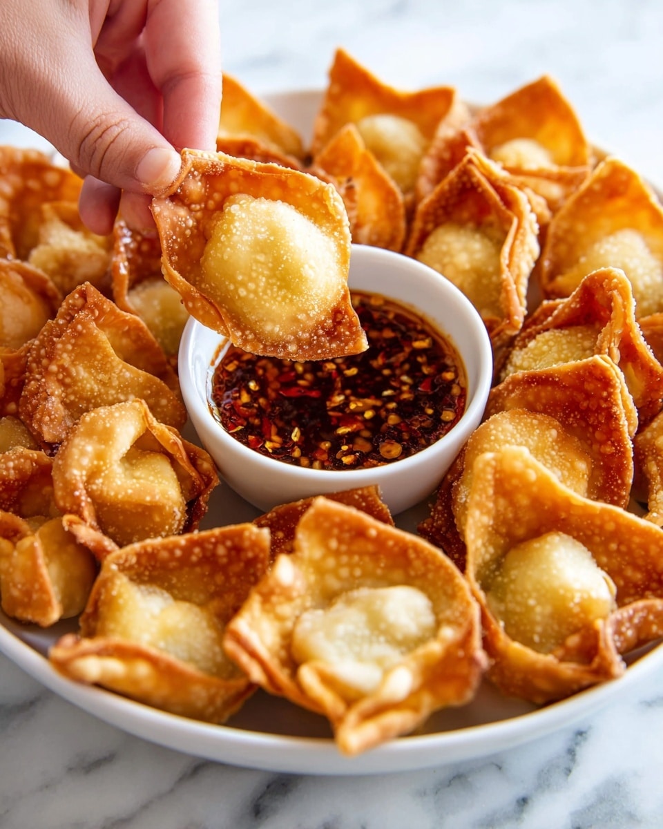 A white bowl filled with many golden brown fried wontons arranged in a circle around a small white bowl of dark reddish-brown dipping sauce with visible chili flakes inside. A woman's hand is holding one wonton, dipping it slightly into the sauce. The wontons have a crispy texture with slightly bubbled and folded edges, showing a light and darker golden color mix. The background is a white marbled surface. photo taken with an iphone --ar 4:5 --v 7