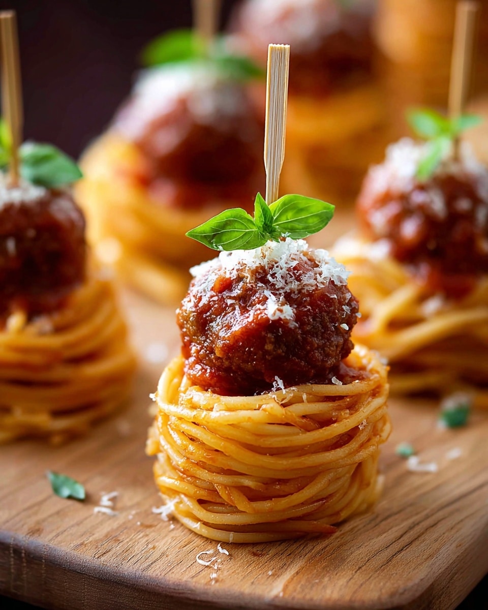 The image shows small spaghetti nests shaped into tight, round bundles with a light orange color and a smooth texture, arranged on a wooden board. On top of each spaghetti nest is a rich, dark red meatball covered in tomato sauce, adding a glossy and chunky texture. Each meatball is sprinkled with finely grated white cheese and finished with two small green basil leaves, held together by a small wooden toothpick standing upright in the center. The background is softly blurred, focusing attention on the layers and colors of the spaghetti, meatball, sauce, cheese, and basil. photo taken with an iphone --ar 4:5 --v 7