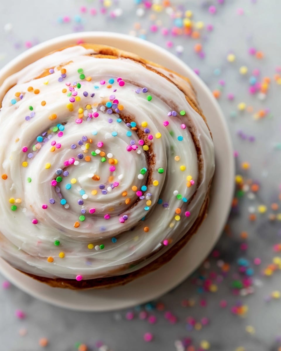 A close-up top view of a cinnamon roll with thick white icing swirled smoothly over its top layer, showing the brown spiral bread base underneath. The icing is decorated with small round sprinkles in bright colors like pink, blue, yellow, green, orange, and purple scattered evenly across the surface. The cinnamon roll sits on a simple white plate, all placed on a white marbled texture with some colorful sprinkles scattered around outside the plate. photo taken with an iphone --ar 4:5 --v 7