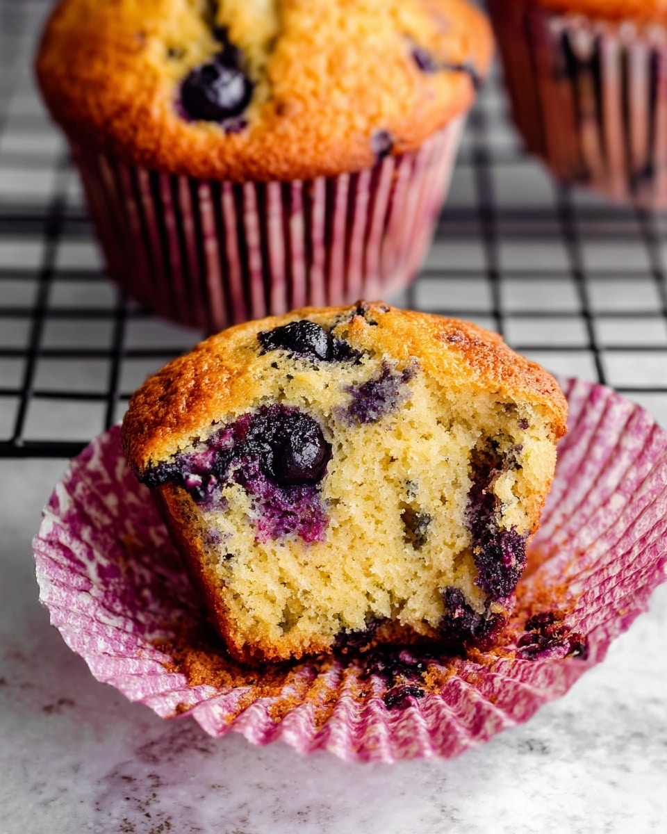A close-up view of a blueberry muffin with a golden brown top and visible dark purple blueberries embedded in the surface. The muffin is partially unwrapped from a ribbed pink paper liner, showing a moist, fluffy yellow interior with more blueberries inside. In the background, another whole muffin with blueberries on top rests on a black cooling rack placed on a white marbled surface. The texture of the muffin top is slightly crispy and crumbly, contrasting with the soft inside. photo taken with an iphone --ar 4:5 --v 7