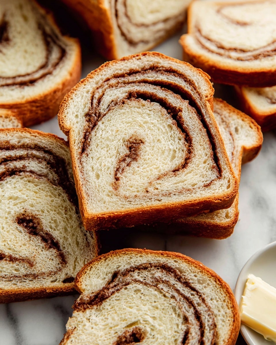 Several slices of cinnamon swirl bread are scattered on a white marbled surface, showing their soft, light beige inner bread with a dark brown cinnamon swirl inside. The crust is golden brown and slightly crispy, forming the outer edge of each slice. The close-up view highlights the fluffy texture of the bread and the contrasting smooth, curved cinnamon lines spiraling from the center outward. A small part of a white plate with a butter chunk is also visible at the side. photo taken with an iphone --ar 4:5 --v 7